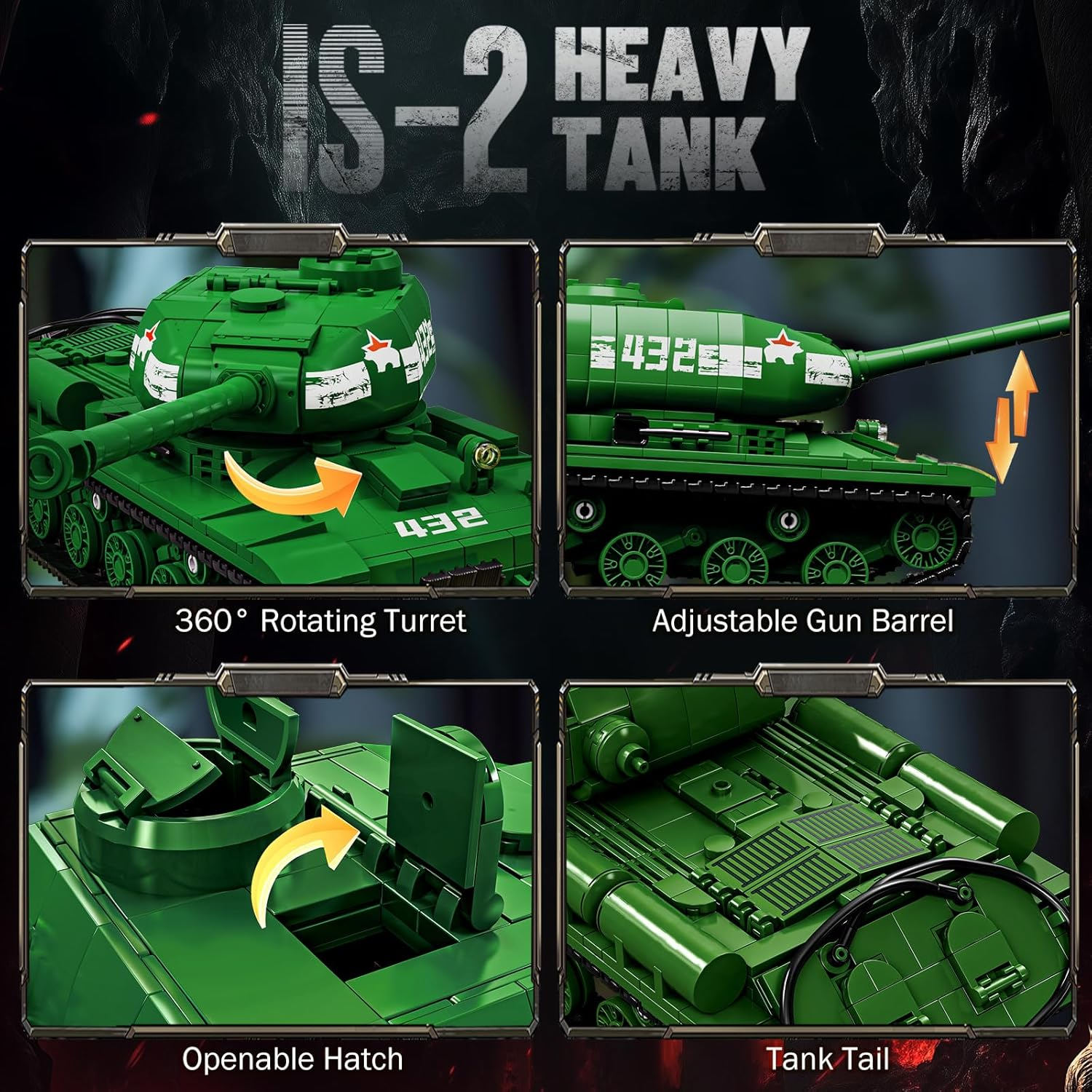 Brihappen Tanks Building Set for Adult Boys (1402 Pieces), Military World Classic Is-2 Heavy Tank Blocks Toy Home Office Collection Model, Birthday Gifts for Building Blocks Lover - Style A image number 3