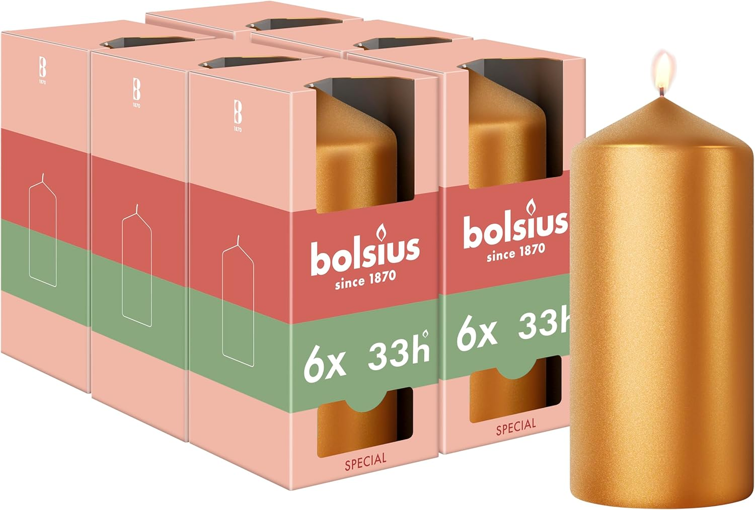 Bolsius - Special Essentials - Smooth Pillar Candles - 4 Pcs; - Gold Metallic - 12 Cm - Decorative Candles - Contains Natural Plant Wax - without Palm Oil
