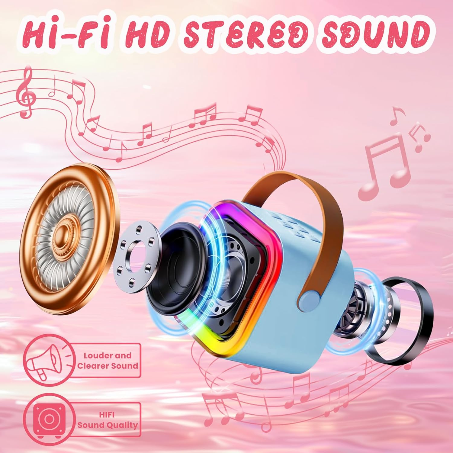 Portable Karaoke Machine for Kids & Adults, Bluetooth Mini Singing Microphone with 2 Wireless Mics & LED Light Show, Compatible with All Smartphones, Perfect for Birthdays, Home Parties（Blue）