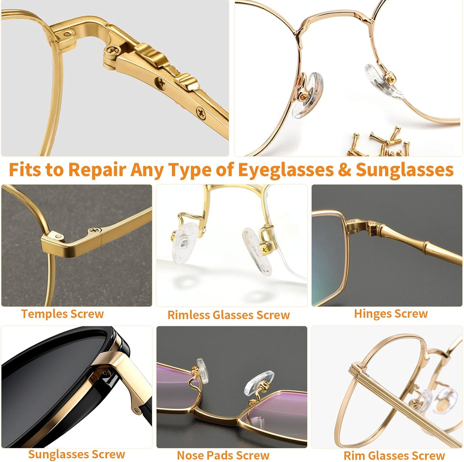 Sunglasses Eyeglasses Repair Kit 140PCS Gold Tiny Stainless Steel Screws and 2 Pairs Nose Pads with Micro Screwdriver Tweezer for Watch Clock Spectacle Eyewear Repair