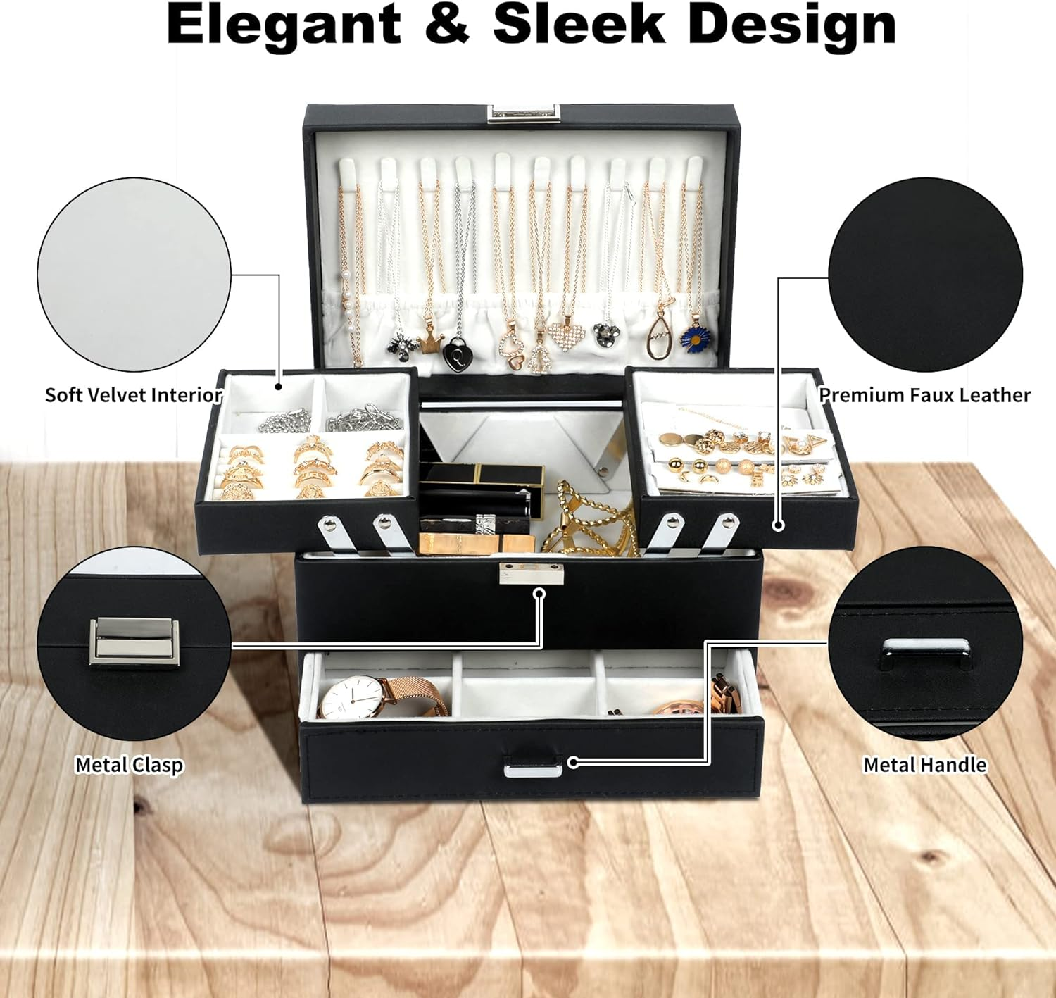 Dajasan Jewelry Boxes for Women Girls, Jewelry Organizer Box, 3 Layers Jewelry Storage Organizer for Earring, Ring, Necklace, Bracelets (Black) image number 3