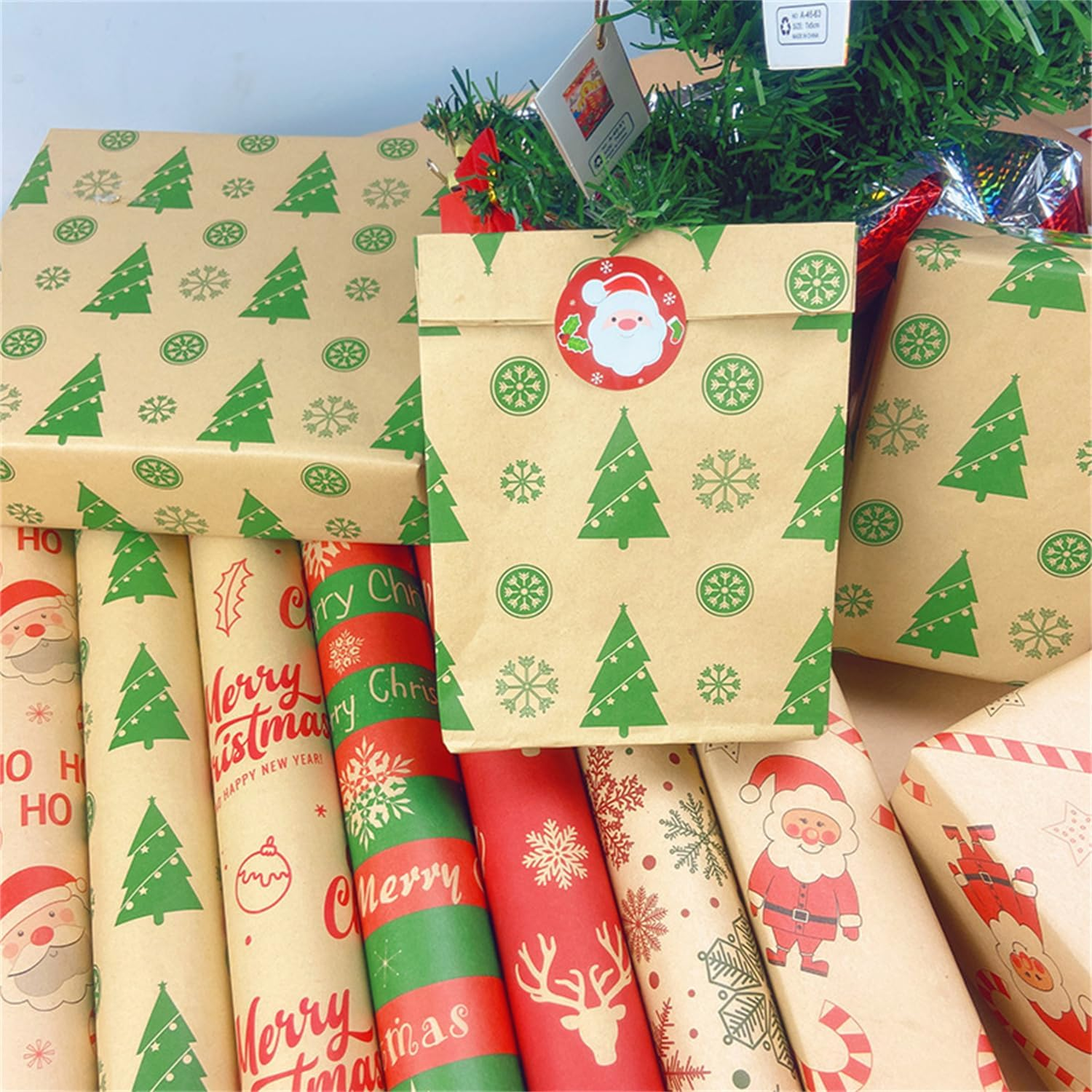 Eco-Friendly Renewable Wrapping Paper, 12Pcs+8M Tape+4Roll Ribbons - Cute Vintage Package for Christmas, Bridal & Baby Showers, Birthdays, Friendsmas image number 3