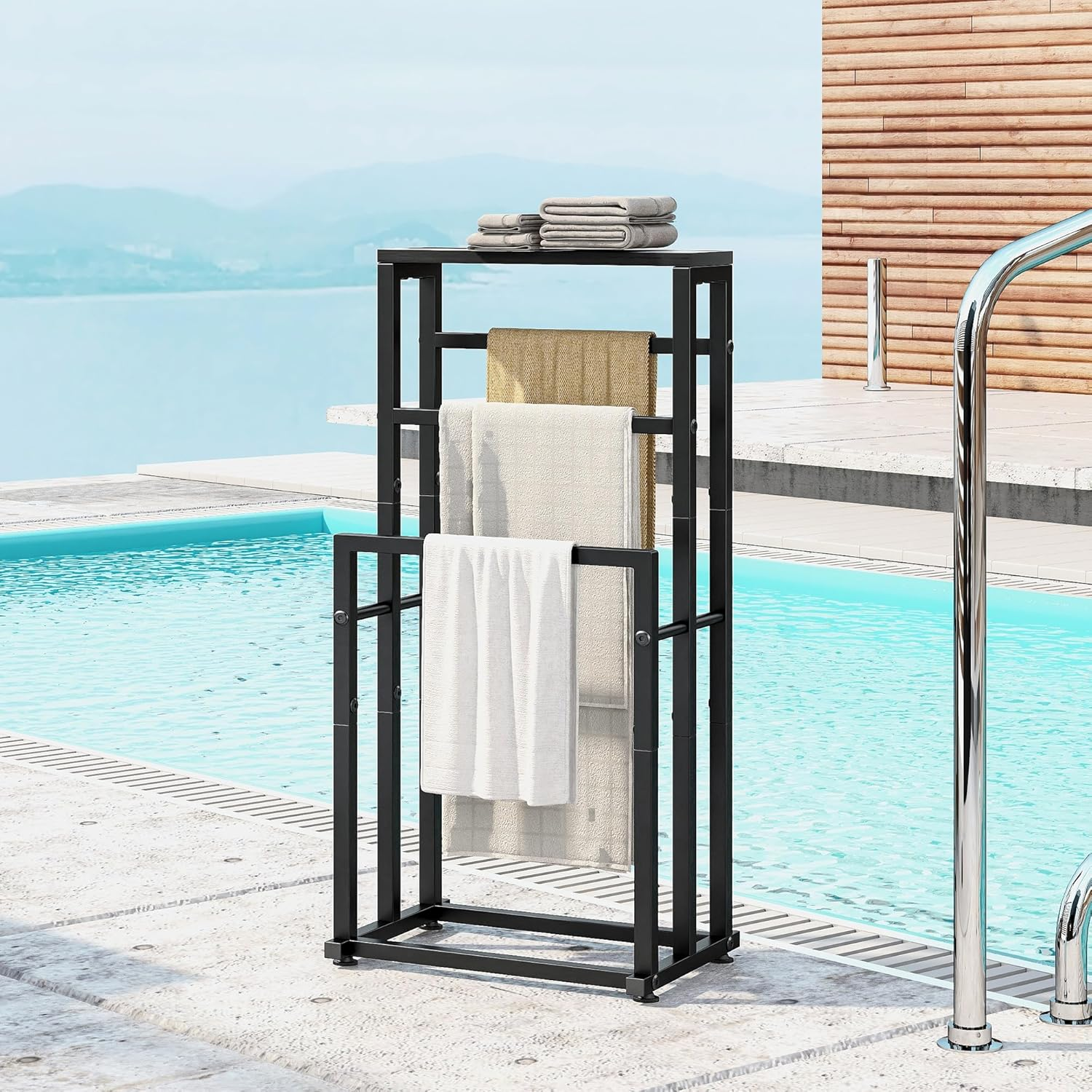VERFARM Freestanding Towel Rack for Bathroom, 3 Tier Metal Blanket Ladder Holder Pool Drying and Display Rack with Shelf for Bedroom Living Room (Black) image number 5
