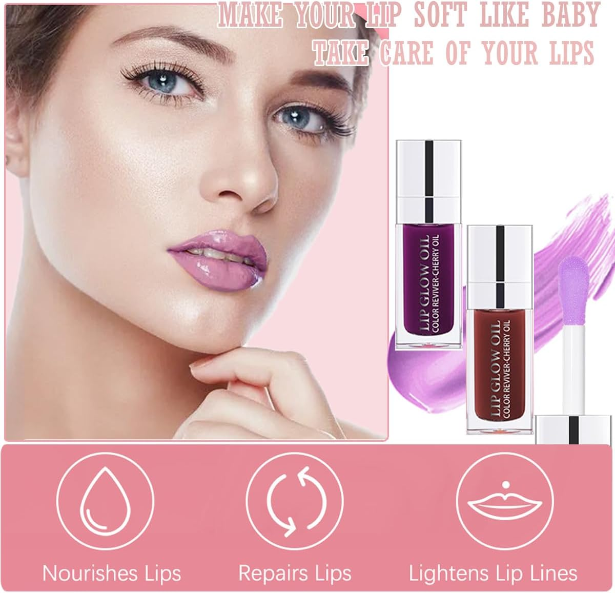 2 Colors Hydrating Plumping Lip Glow Oil - Moisturizing Gloss, Transparent Glossy Primer, Tint for Care and Dry Lips (006#+020#)