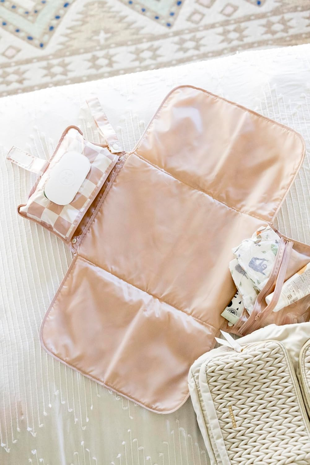 Tiny Twinkle Portable Diaper Changing Pad - Foldable Waterproof Diaper Changing Mat for Travel, Baby Changing Station with Smart Wipes Pocket & Storage (Beige Checkers) - Boho Rainbow image number 5