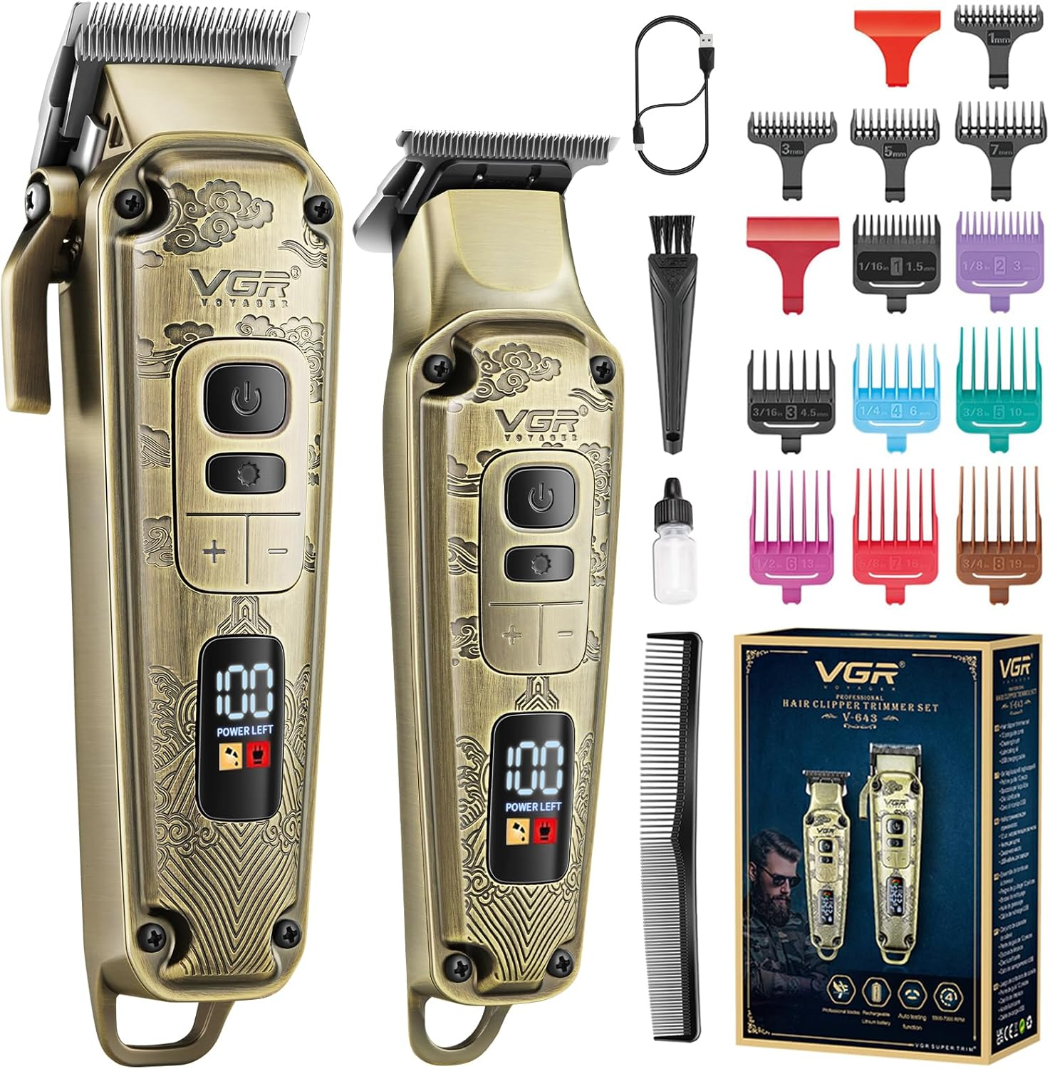 VGR Professional Hair Trimmer for Men, Wireless Beard Trimmer with T Blade, Rechargeable LED Hair Cutting Kit, Gift for Men image number 3
