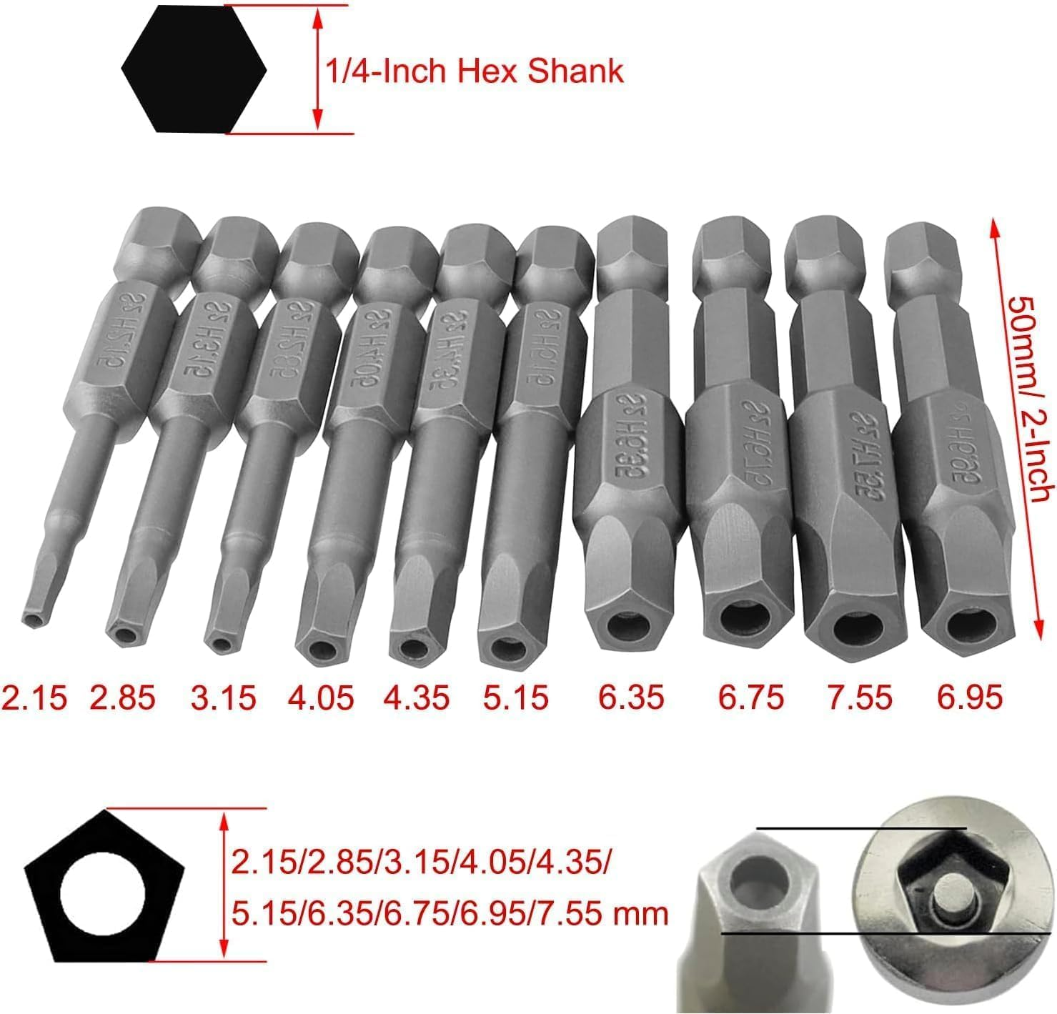 Bestgle 10 Pcs Magnetic Pentagon Head Screwdriver Bits Set 1/4 Inch Hex Shank Security Tamper Proof Pentagonal Screwdriver Bit 5 Sided Screw Driver Drill Bits, 50Mm