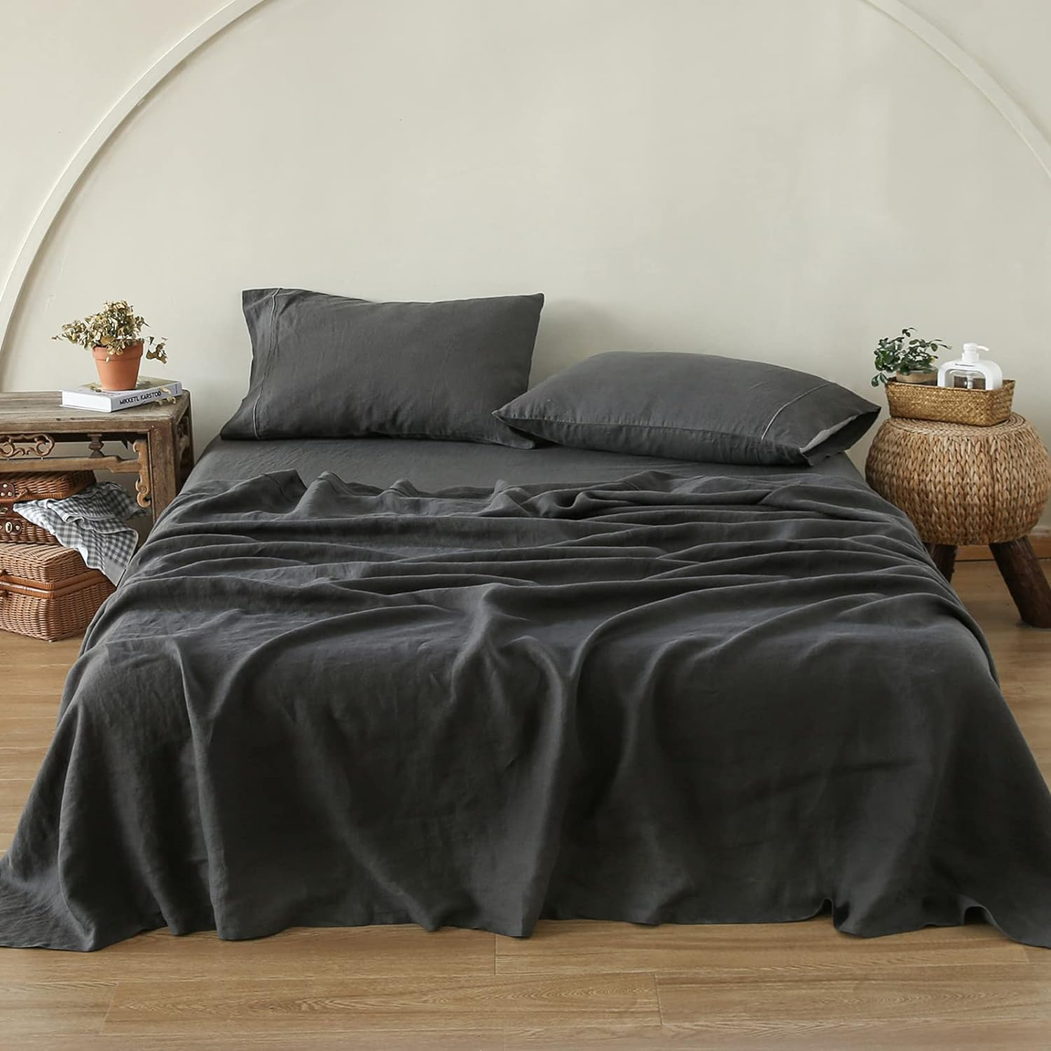 Simple&Opulence 100% Linen Sheet Set with Embroidery Washed - 4 Pieces (1 Flat Sheet & 1 Fitted Sheet & 2 Pillowcases) Natural Flax Soft Bedding Breathable Farmhouse - Dark Grey, Full Size