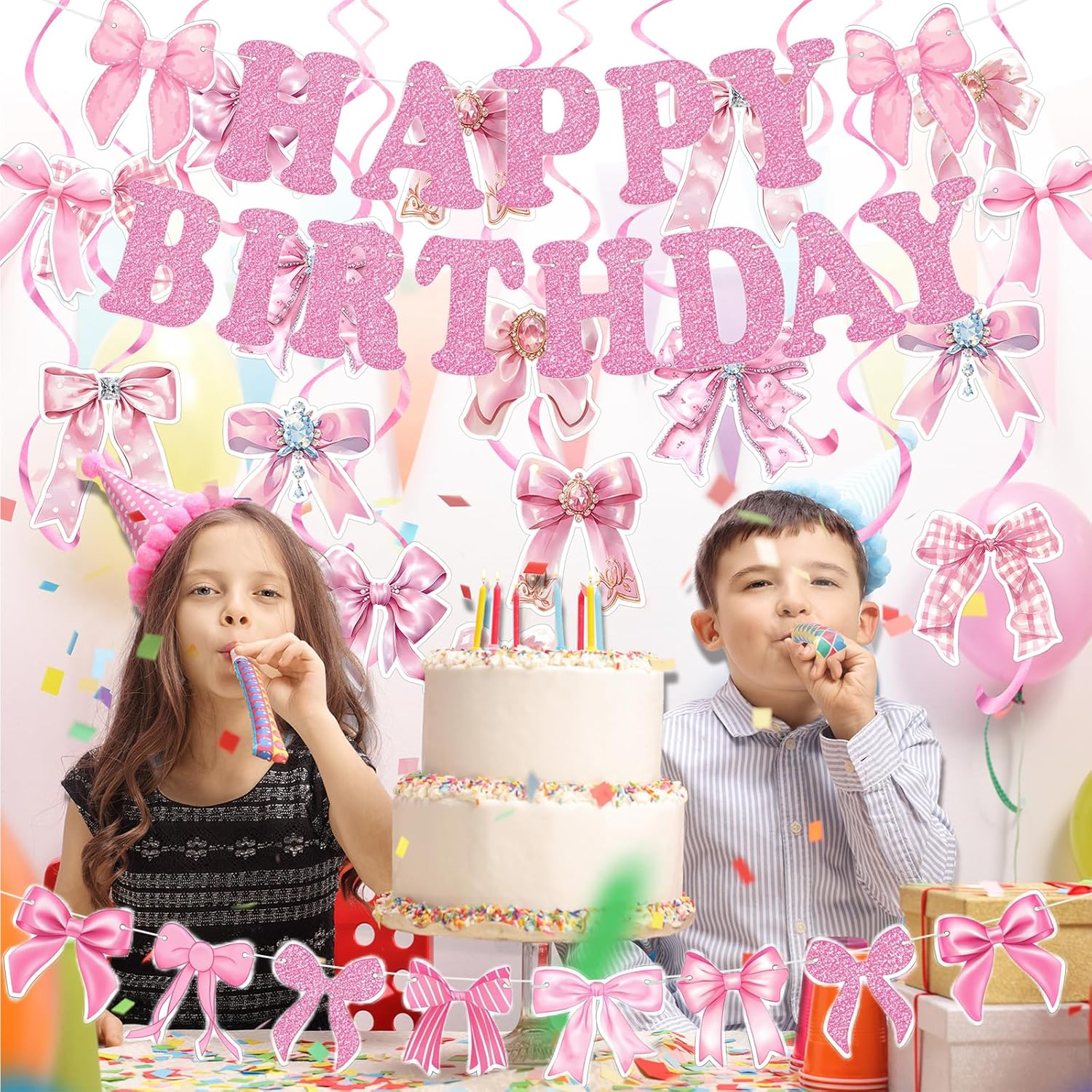 19Pcs Black Bowknot Happy Birthday Decorations,Black Bow Bunting Garland Party Birthday Banner Coquette Hanging Swirls Decorations for Girls Baby Shower Wedding Bowknot Party Supplies