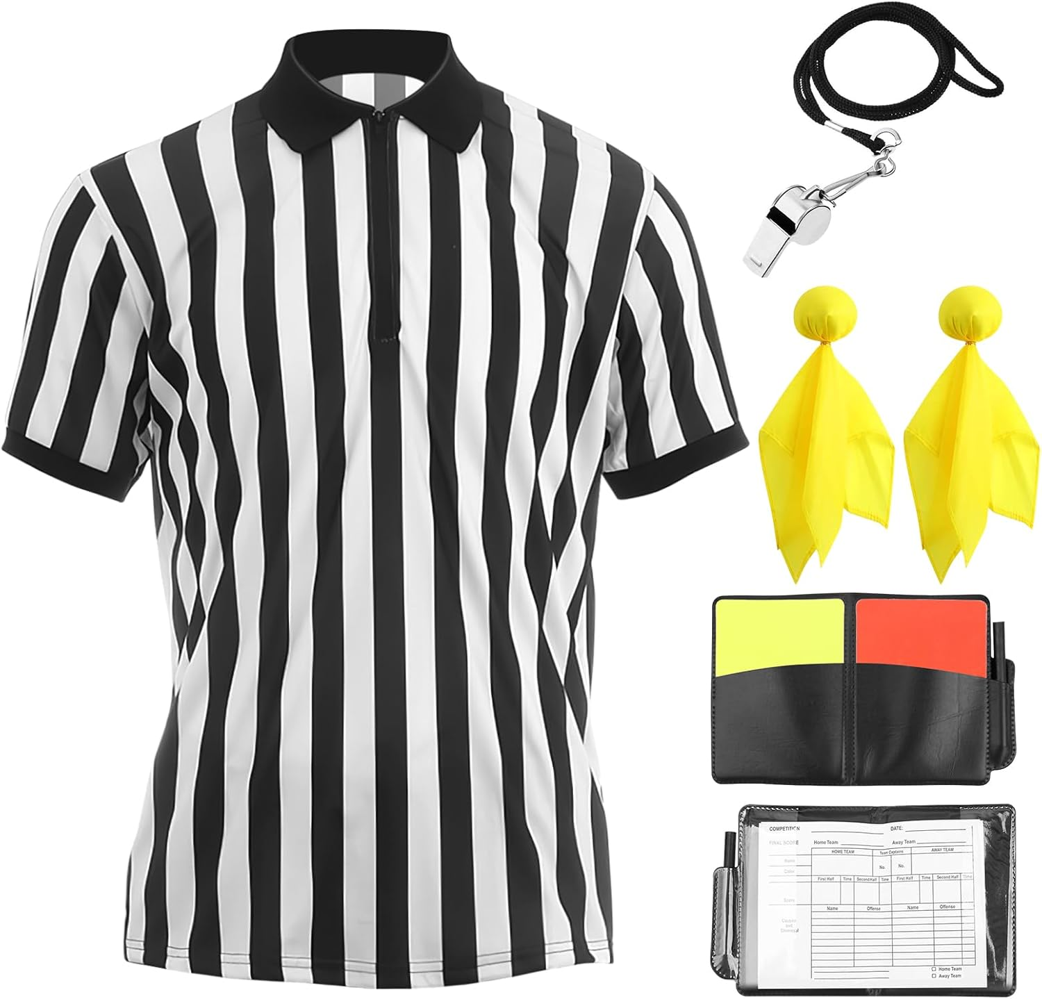 Rookea 5 Pcs Referee Costume Kit, Referee Costume for Boys Kids Men, Sports Costume Shirt Uniform Umpire Whistle Yellow Penalty Flag Referee Card for Basketball Football Soccer Referee Accessories