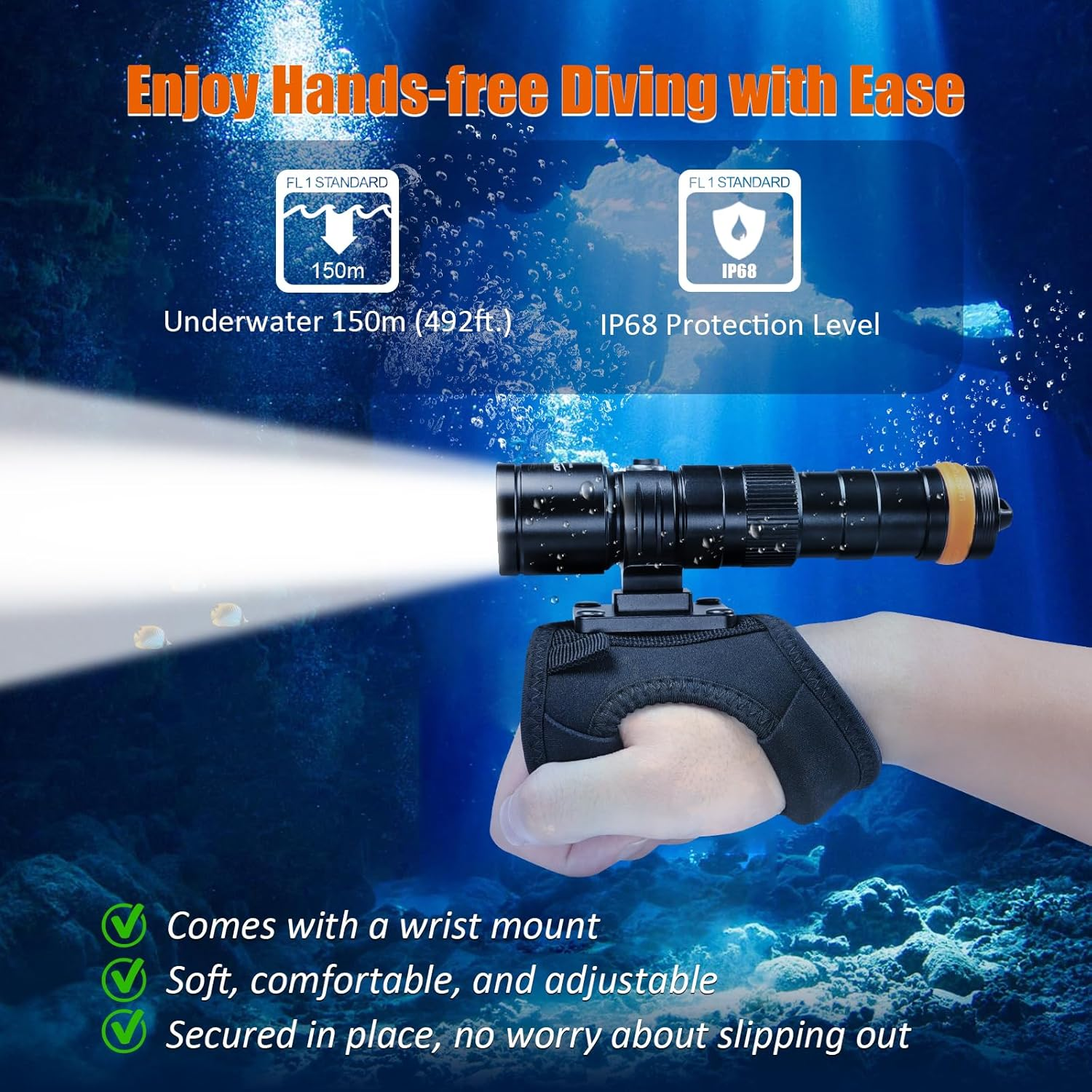 ORCATORCH DC710 Scuba Dive Light Type C Rechargeable, 3000 Lumens Super Bright Underwater Flashlight, IP68 Waterproof Submersible Torch with WS02 Wrist Strap Mount for Hands-Free Diving image number 2