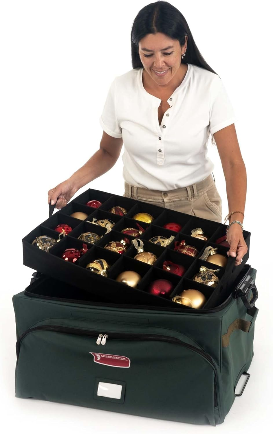 Treekeeper (Green Christmas Ornament Storage Box with Dividers) - Deluxe Ornament Keeper - Holds 72 Ornaments up to 4 Inches in Diameter | 3 Removable Trays with Separators | Acid-Free Fabric Lining image number 5