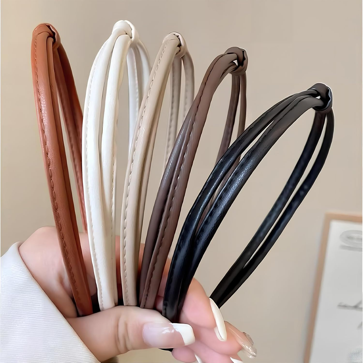Pack of 5 Women'S Headbands, Elegant Thin Leather Headbands, Cute Knotted Leather Headbands, Solid, Simple, Fashionable, Non-Slip Hair Bands, Hair Styling Accessories for Women and Girls