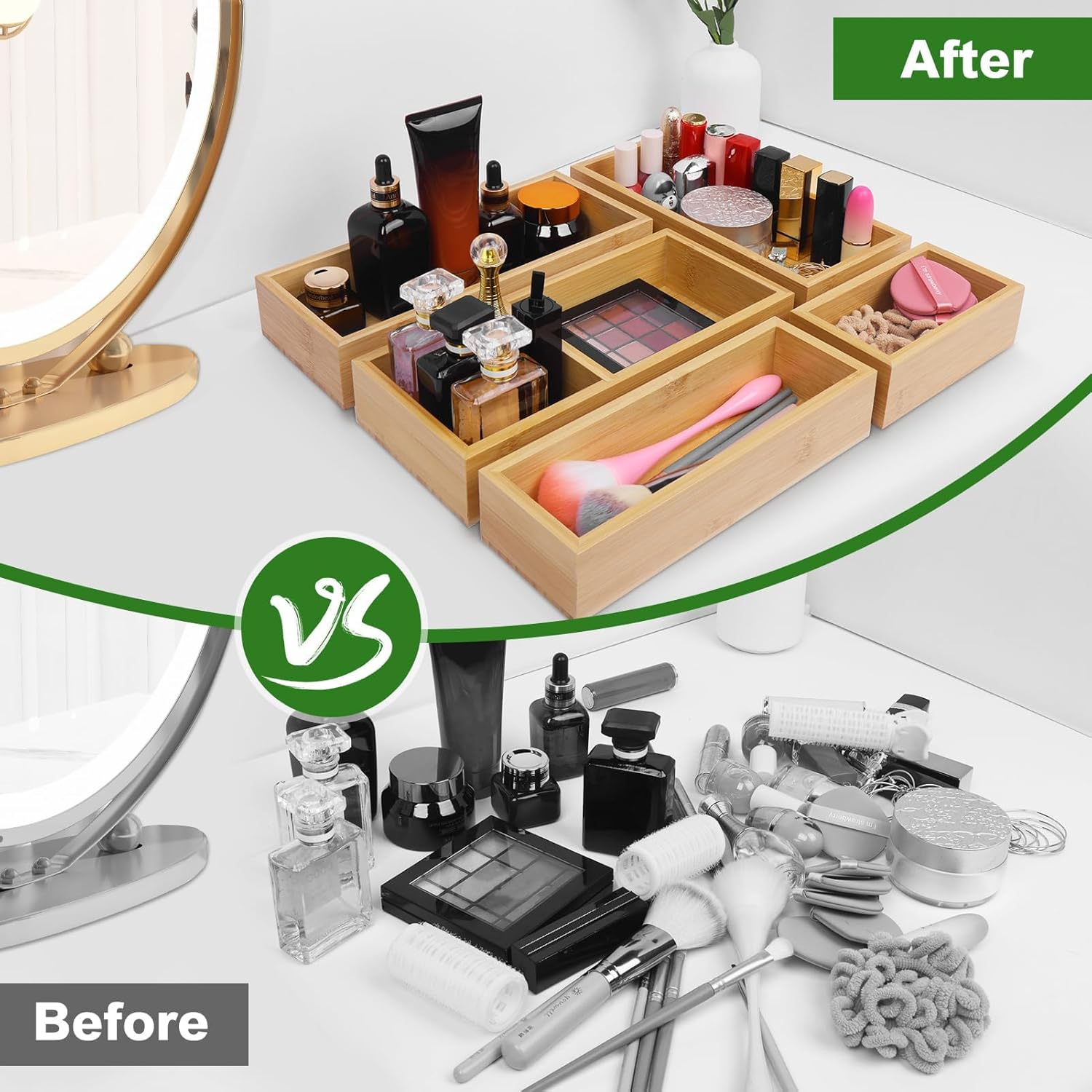 Bamboo Drawer Organizer Set, 5 PCS Multi-Use Individual Wood Storage Organizers, Junk Drawer Divider and Storage Trays Containers for Kitchen, Bathroom, Office Desk, Makeup, Jewelry, Utensils image number 4