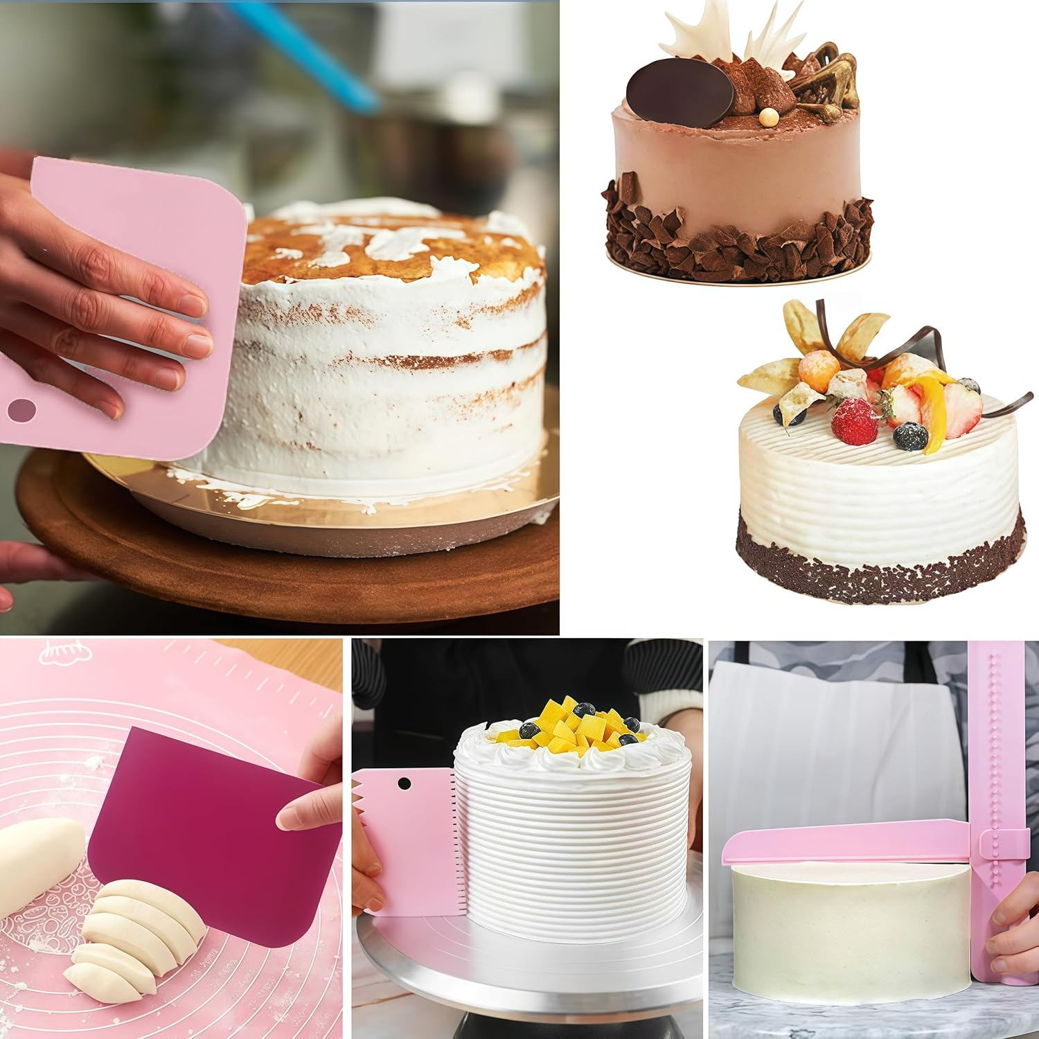 5 Pcs Fondant Cake Scraper,Adjustable Cream Smoother,Smoother Bakeware Gadget,Edge Smoothing Decorating Tools,For Buttercream,Mousse,Cheese, Fondant Cake Decorating (Pink) image number 1