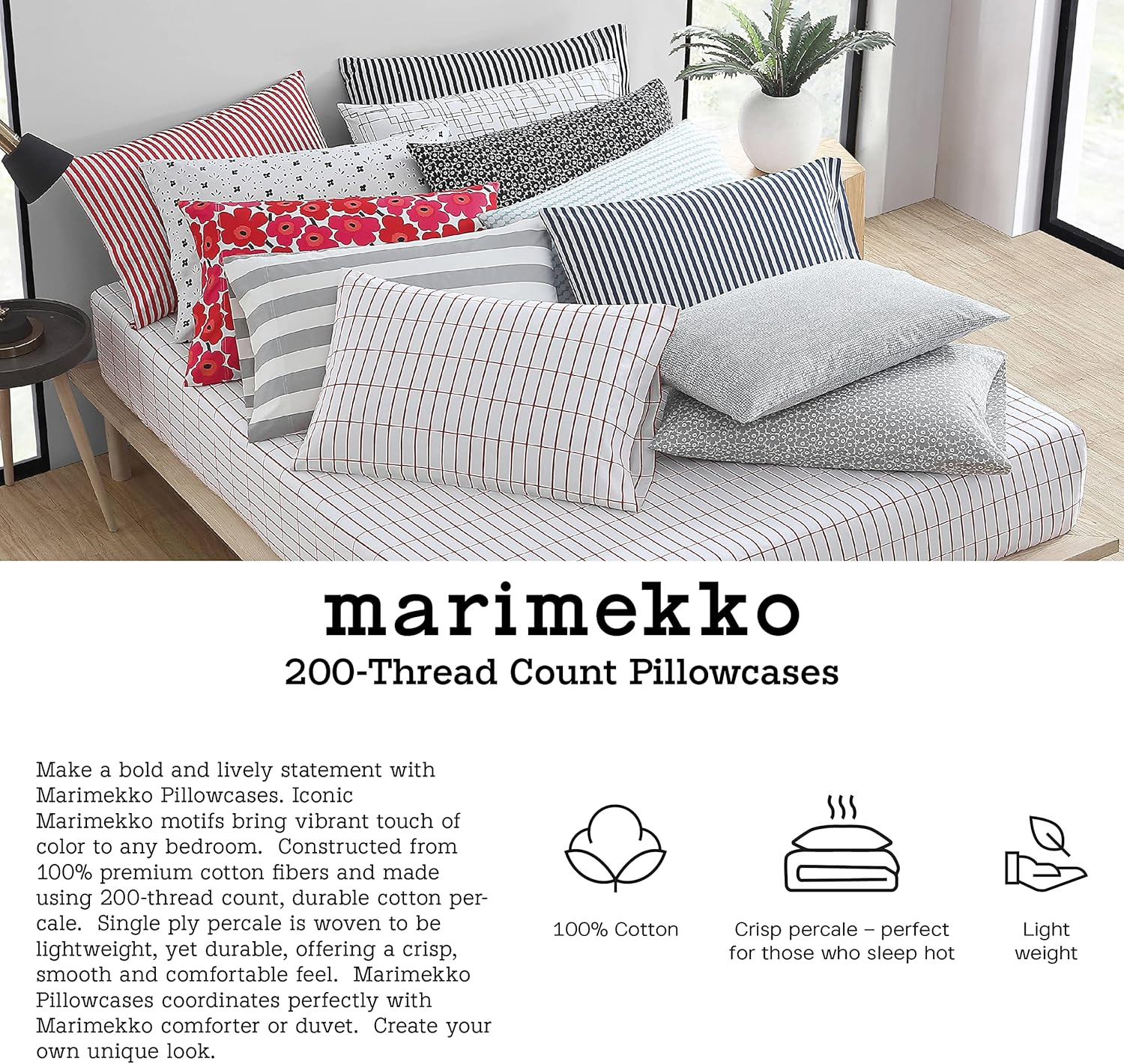 MARIMEKKO - Queen Sheets, Cotton Percale Bedding Set, Crisp & Cool Home Decor (Pikkuinen Unikko Black, Queen)