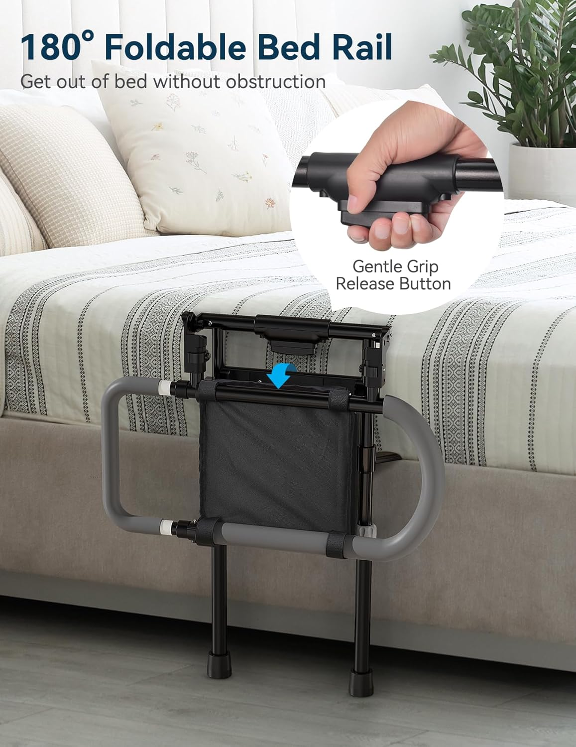 Lyrifine Bed Rail, Foldable Bed Rail for Elderly with Storage Pocket, Extendable Handle, Height Adjustable Bed Rails with Floor Support, Easy to Get in or Out of Bed image number 5