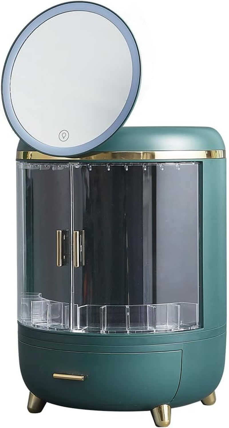 Furb Makeup Organisers - Waterproof Storage Box with LED Mirror, Dustproof Cosmetic Vanity Cases with 2 Drawers, Multi-Function Desk Cosmetics Display Storage Box (Green)