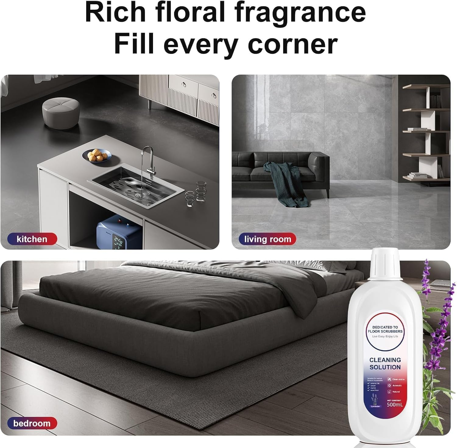 2 Bottle Lavender Floor Cleaning Solution Compatible with Tineco, Deep Cleans for Multiple Hard Floors, Suitable with All Robot Vacuums with Mopping and Cordless Wet/Dry Vacuum Mop Cleaner(1000Ml) image number 3