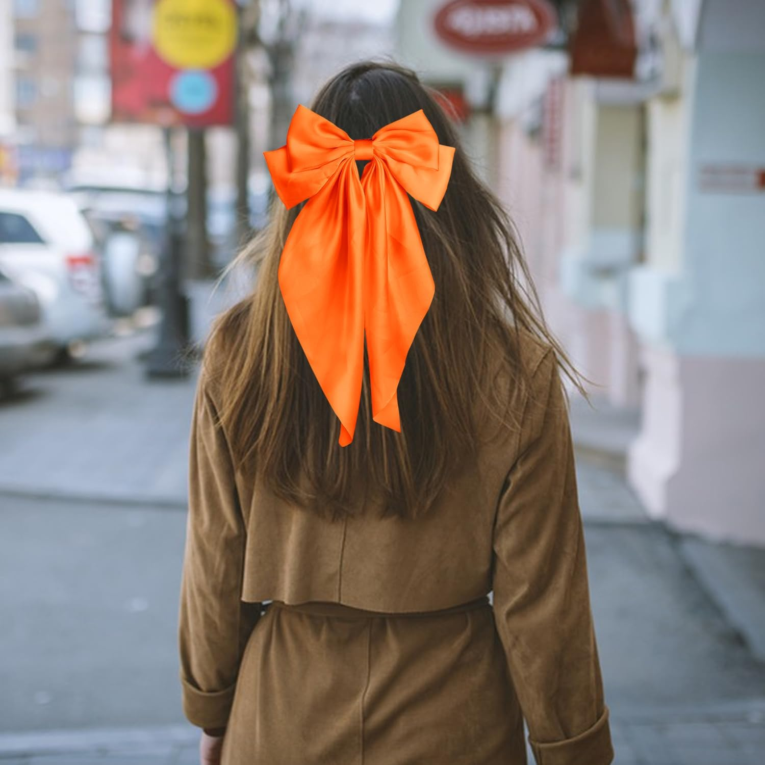 Pufandor Hair Bow Silky Satin Hair Ribbons for Women, Orange Bows for Girls Hair Bowknot Barrettes Long Tails with Clips Big Hair Bows Hair Accessories (Orange 1Pc) - Big Red image number 3