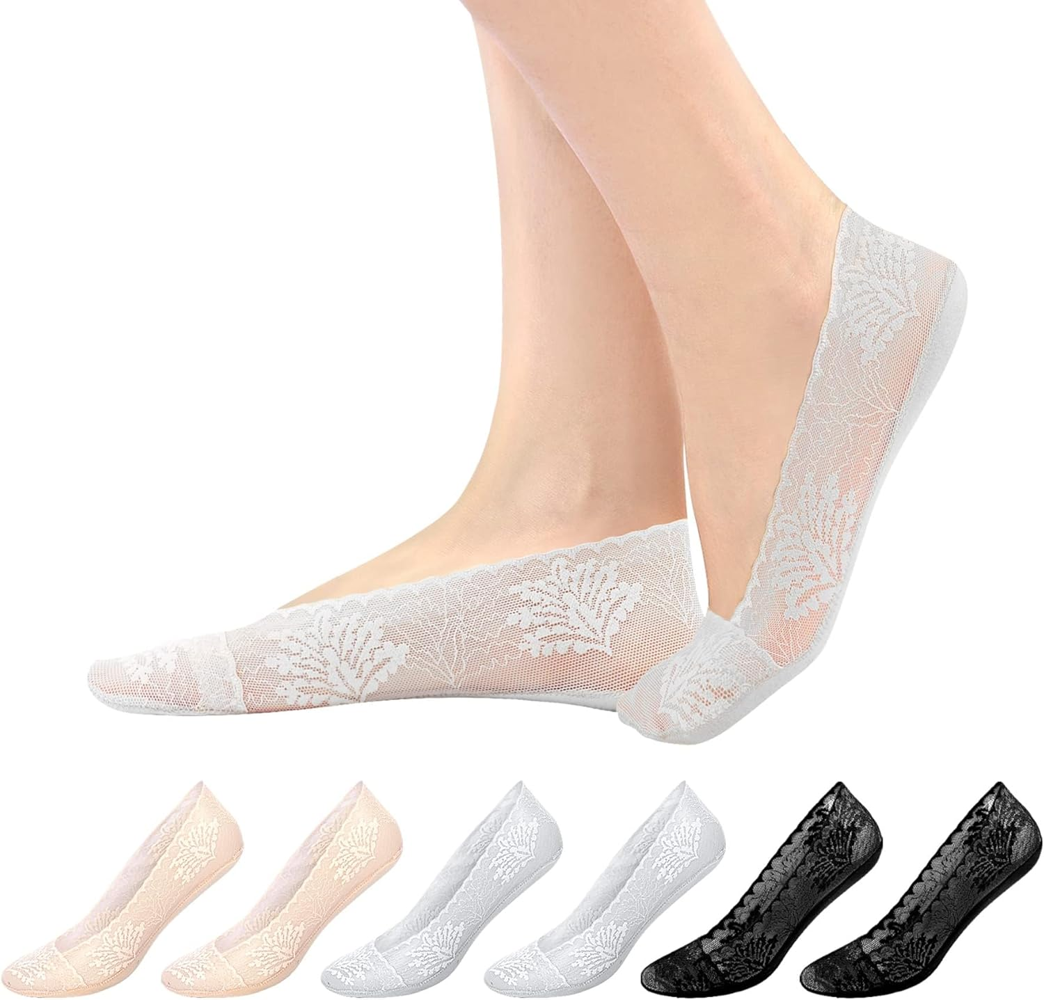 Women No Show Socks - 6 Pairs Non Slip Lace Invisible Socks, Ultra Low Cut Liner Socks Lace Boat Socks for Sneakers High-Heel Shoes