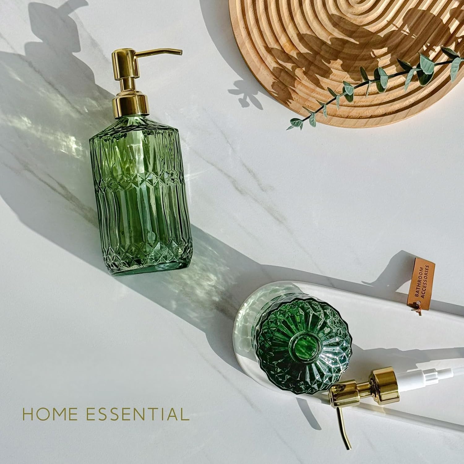 Glass Soap Dispenser 2-Pack (350ML Each) - Green with Gold Stainless Steel Pump, Refillable Kitchen & Bathroom Dispensers for Dish Soap, Hand Soap, Lotion Cottagecore Style image number 1