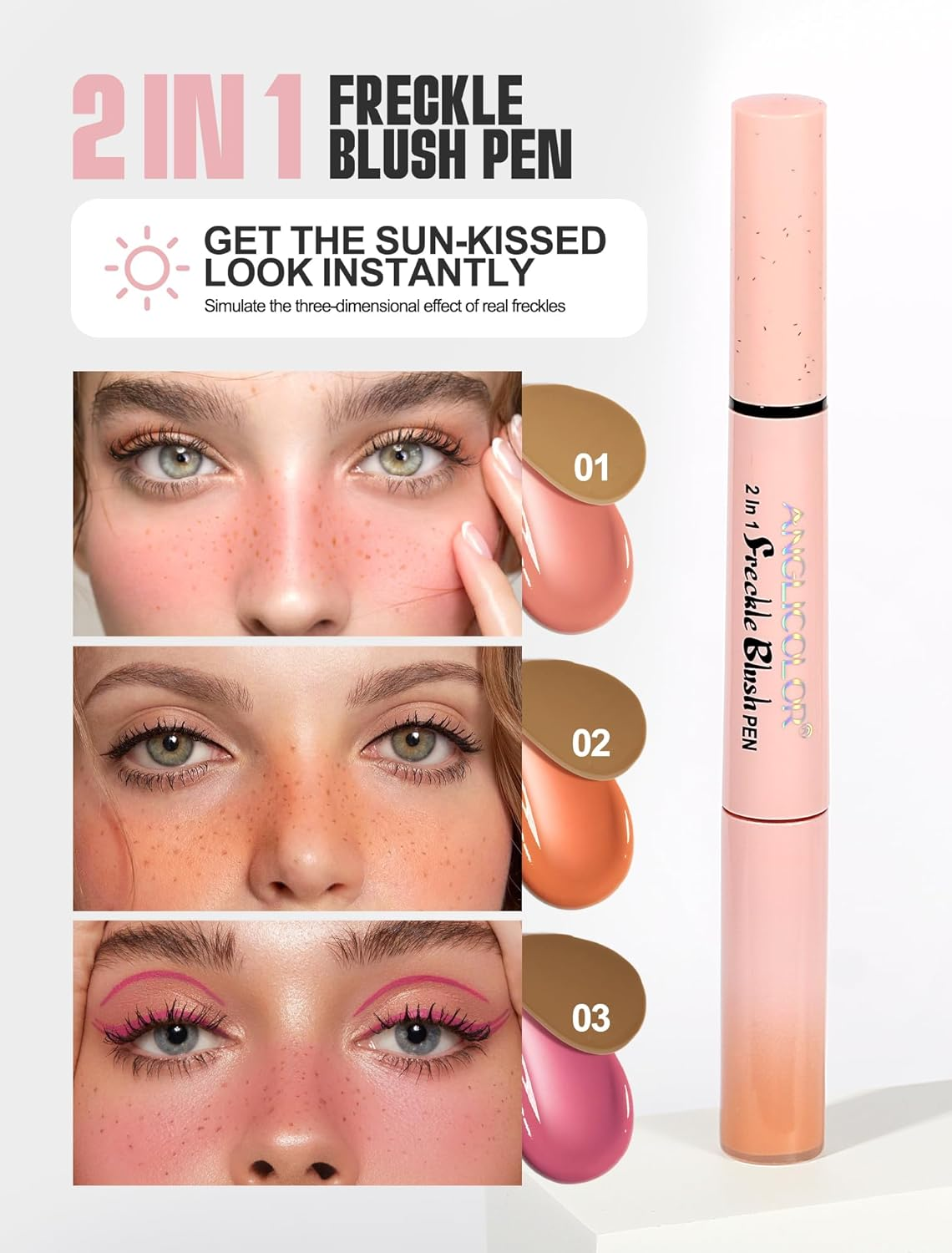 Anglicolor 2 in 1 Freckle Pen, Faux Freckle Pen Stamp with Blush, Quick-Drying, Waterproof, Long-Lasting, Freckle Sizd Dot for Realistic 24H Freckle Natural Makeup (01 Light Brown+Soft Nude Pink) - 03 Dark Brown+Plum Rose image number 6