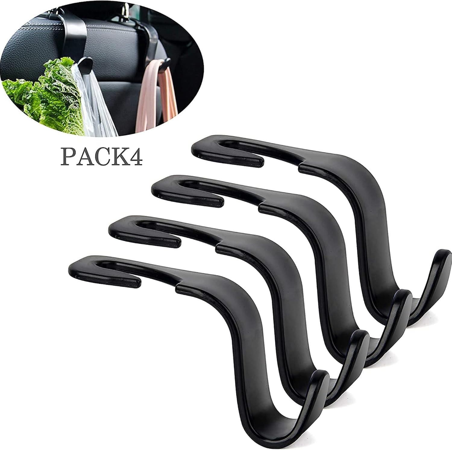 Sulfar Universal Vehicle Car Backseat Headrest Hanger Storage Organizer, Black Car Back Seat Headrest Hooks, Car Seat Accessory for Handbags, Purses, Coats, and Grocery Bags, Bottle Holder (4-Pack) image number 5