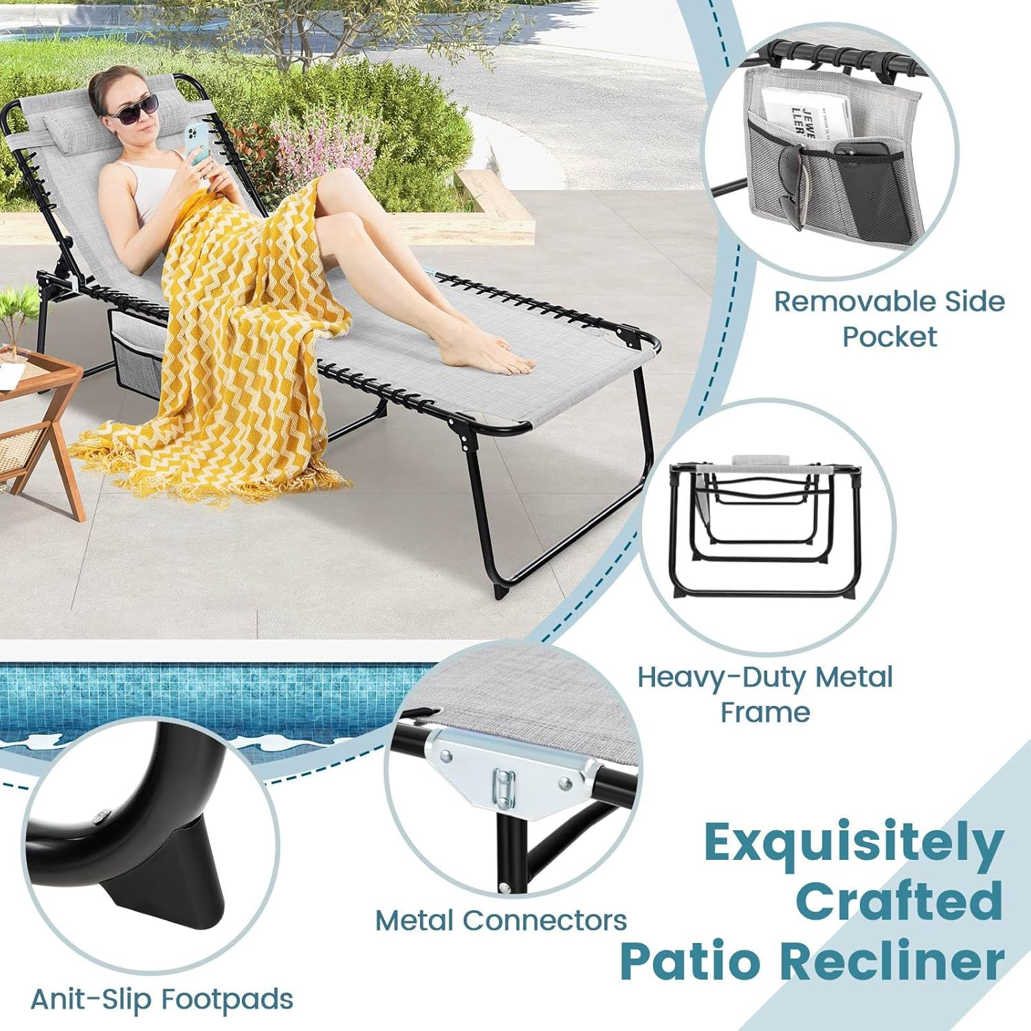 Costway Patio Folding Chaise Lounge, Oversized Portable Lay Flat Reclining Chair W/ 4-Level Backrest, Side Pocket & Detachable Headrest, Outdoor Sun Tanning Chair (168-188 X 69 X 41-86 Cm (L X W X H))