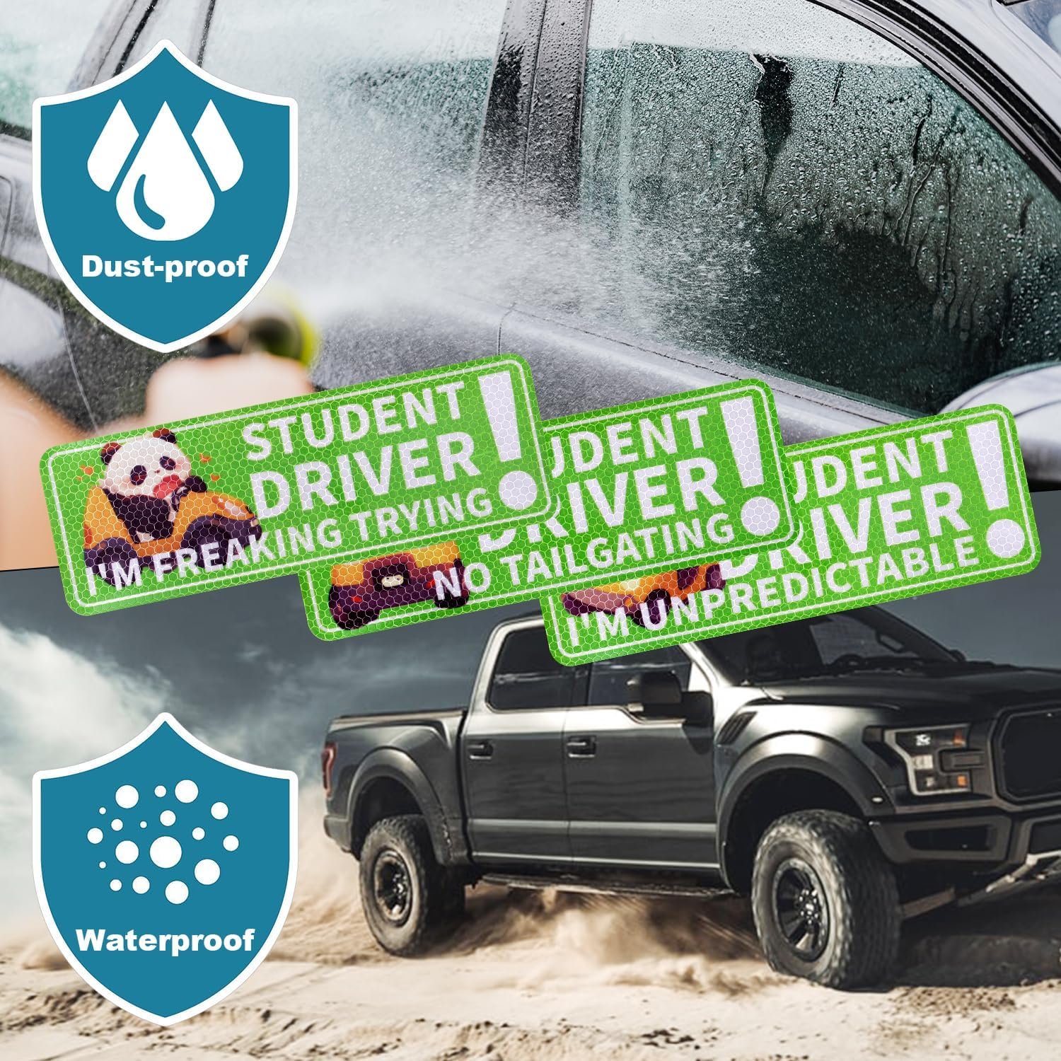 3Pcs Reflective Magnetic Car Stickers, 10.04X3.5In Premium Magnet Cute Panda Pattern Car Magnetic Stickers Safety Signs Suitable for Student Car Novice Drivers(Green) image number 2