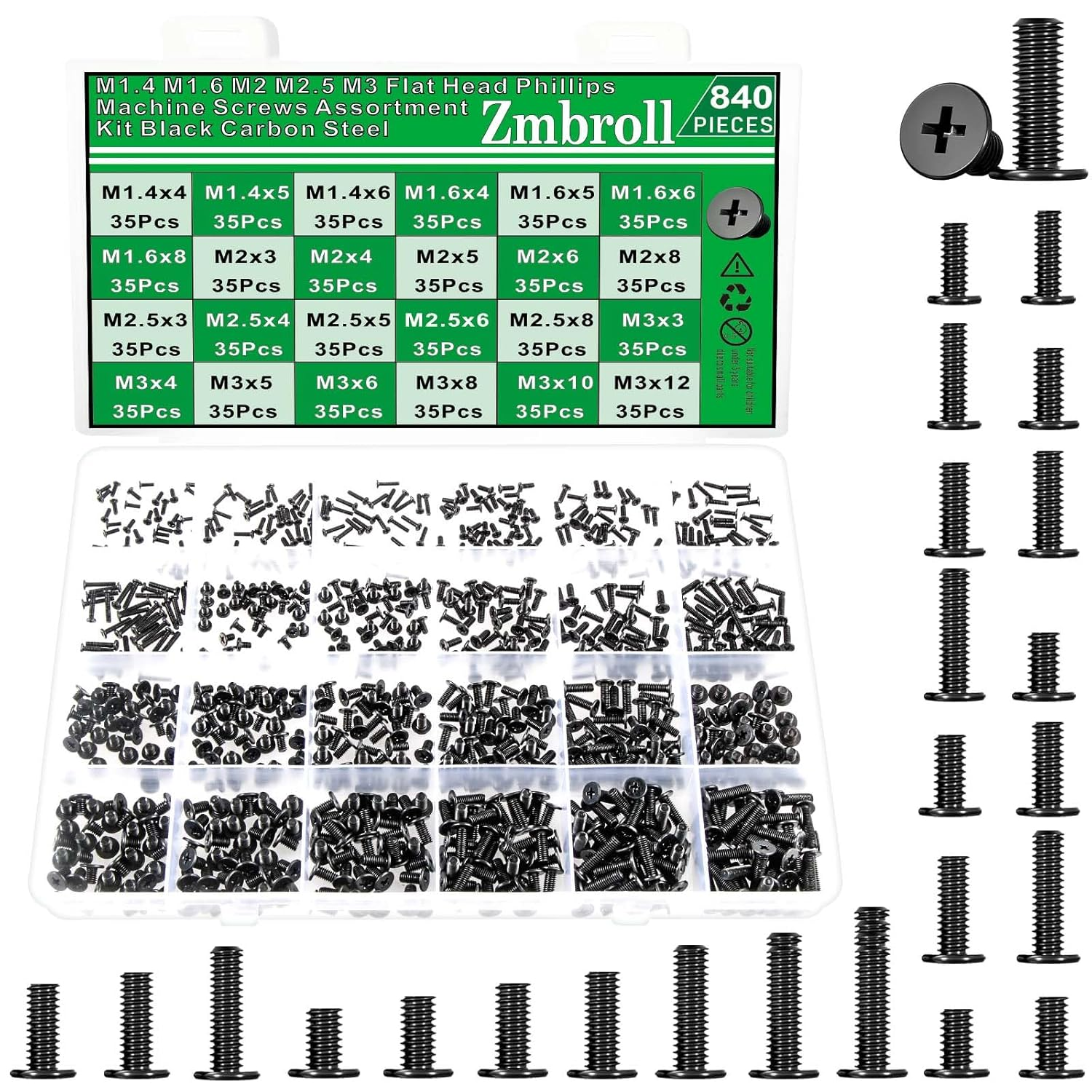 Zmbroll 840Pcs Flat round Head Machine Screw Black Phillips Hard Drive SSD Screw Small Computer Laptop Screws Micro Screw Assortment Kit for Eyeglasses, Watches, Electronic Repair image number 1