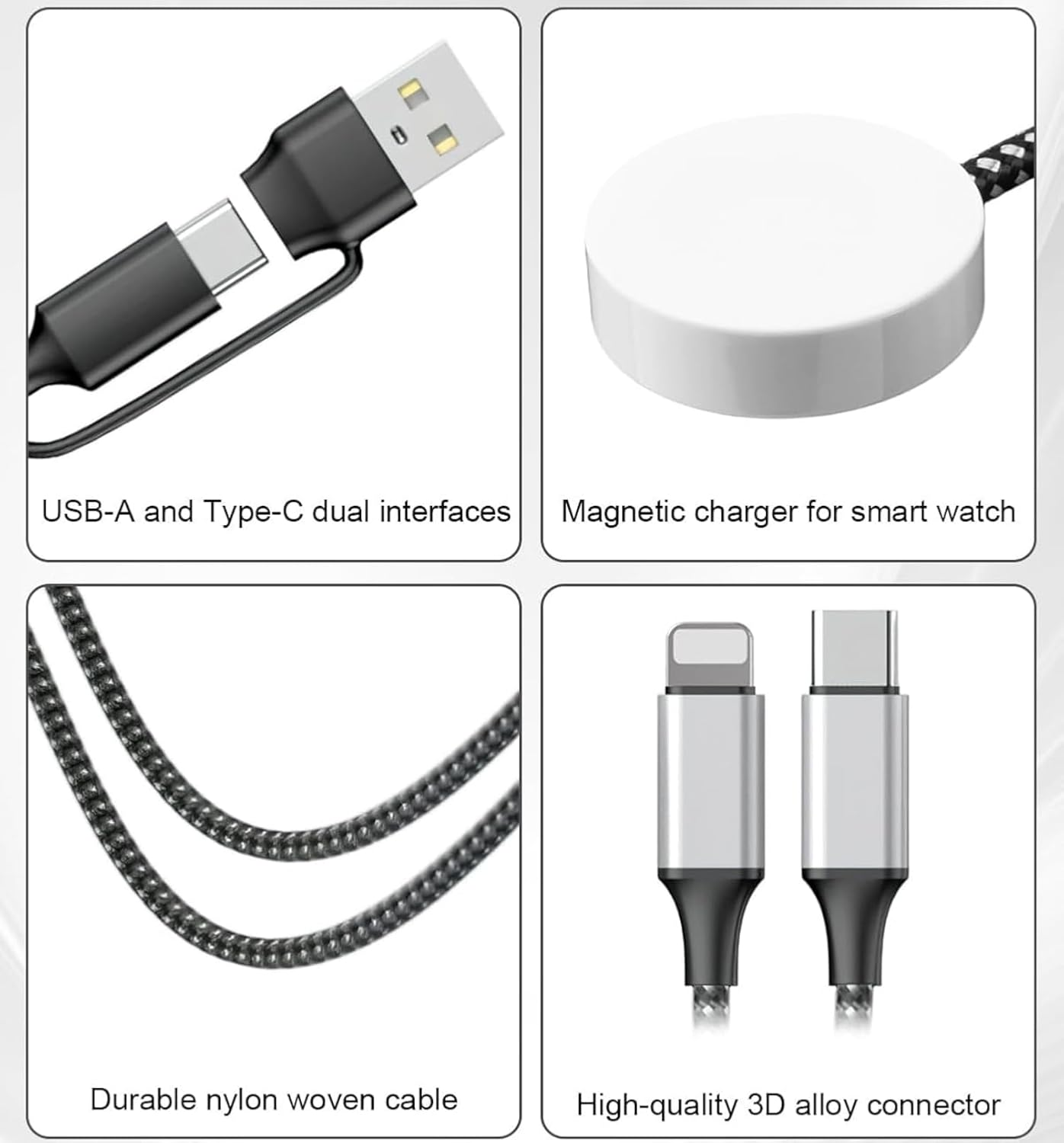 Multi Charging Cable for Iwatch,Magnetic Wireless Charging 4 in 2 Nylon Braided Cord for Multiple Devices, USB C/Micro/Phone Port Compatible with I-Phone 16 15 14/Watch Series 11-1/Pad/Android image number 6
