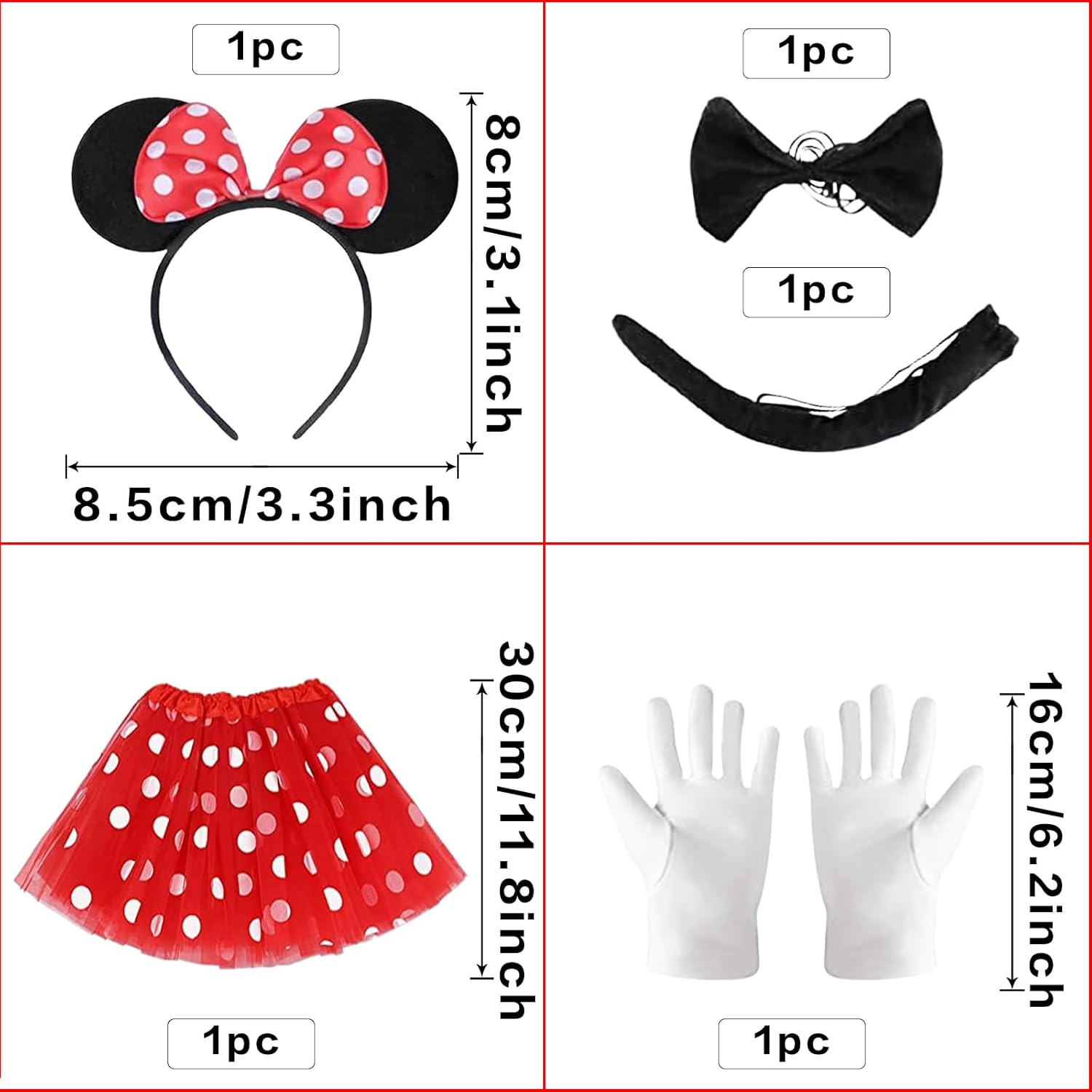 4Pcs Minnie Mouse Costume, Girls Mouse Halloween Costume, Mouse Dress up Outfits with Tutu Skirt, Mouse Ear Headwear, Gloves and Sticker, Halloween Xmas Carnival Princess Fancy Dress up for Kids