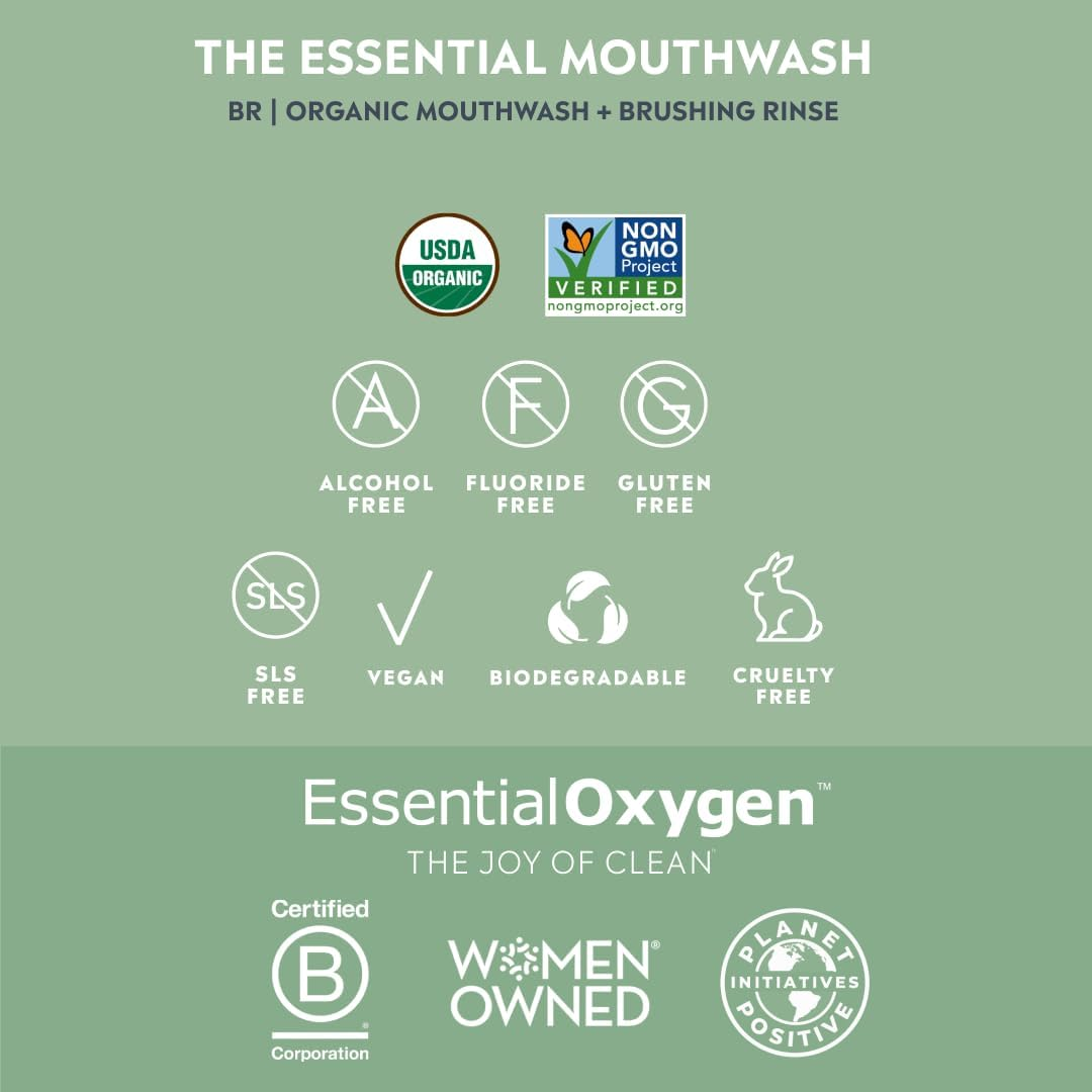 Essential Oxygen Certified BR Organic Brushing Rinse, All Natural Mouthwash for Whiter Teeth, Fresher Breath, and Happier Gums, Alcohol-Free Oral Care, Peppermint, 16 Ounce image number 2