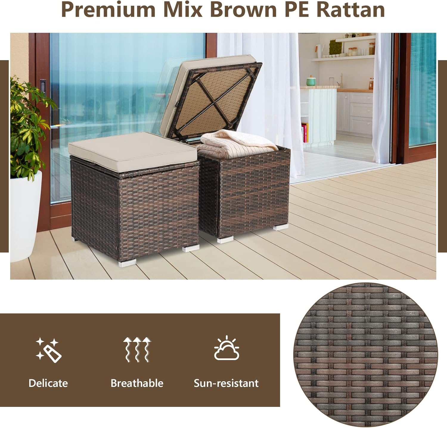 Costway 2-Pieces Patio Ottomans, Outdoor Hand-Woven PE Rattan Side Table W/Removable Cushion & Hidden Storage Space, Footrest, Storage Box, Seat for Patio, Backyard, Poolside (Beige (Cushion)) image number 4
