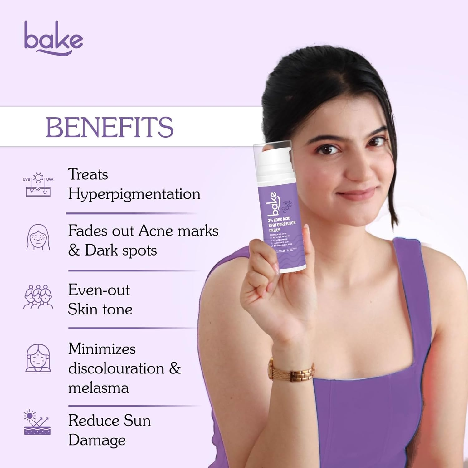 BAKE 3% Kojic Acid Dark Spot Corrector Cream with Alpha Arbutin for Pigmenation, Dark Spots & Dark Circles - 60G image number 4