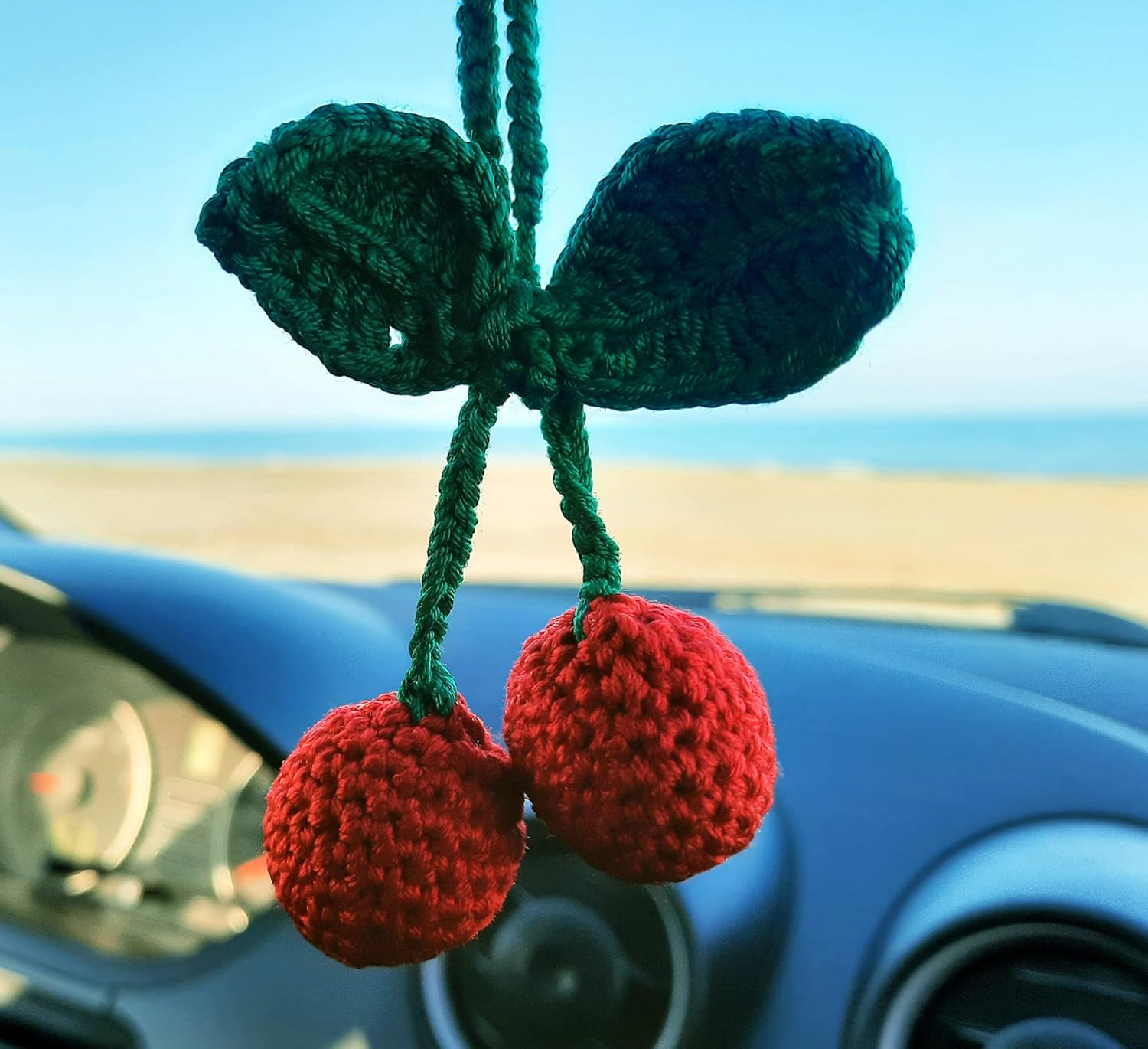 Cherry Crochet Handmade, Car Rearview Mirror Charm Decor, Aesthetic Pendant Car Interior Ornament for Gifts. image number 4