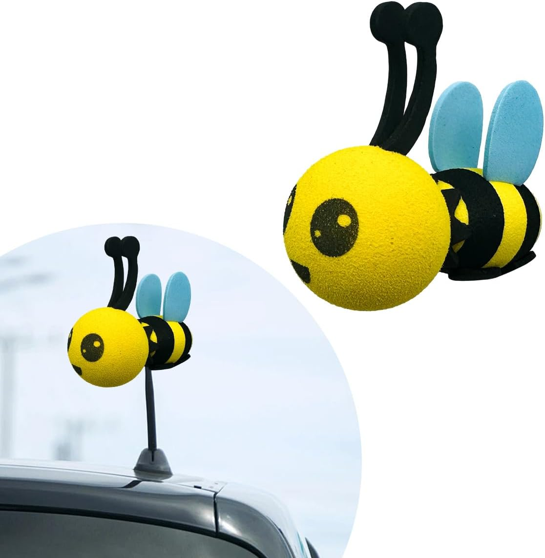 Bee Car Antenna Toppers, Automotive Roof Lovely Face Bumble Bee Antenna Balls Stickers Decor, EVA Funny Cute Honey Bee Antenna Hat for Vehicles, Universal Car Accessories (White)