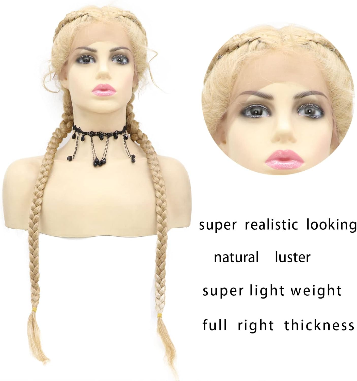613 Blonde Synthetic Double Braid Lace Front Wig with Baby Hair Natural Looking Long Braided Wigs for Black Women Glueless Heat Resistant Fibre Handmade Twist Braids Hair image number 2