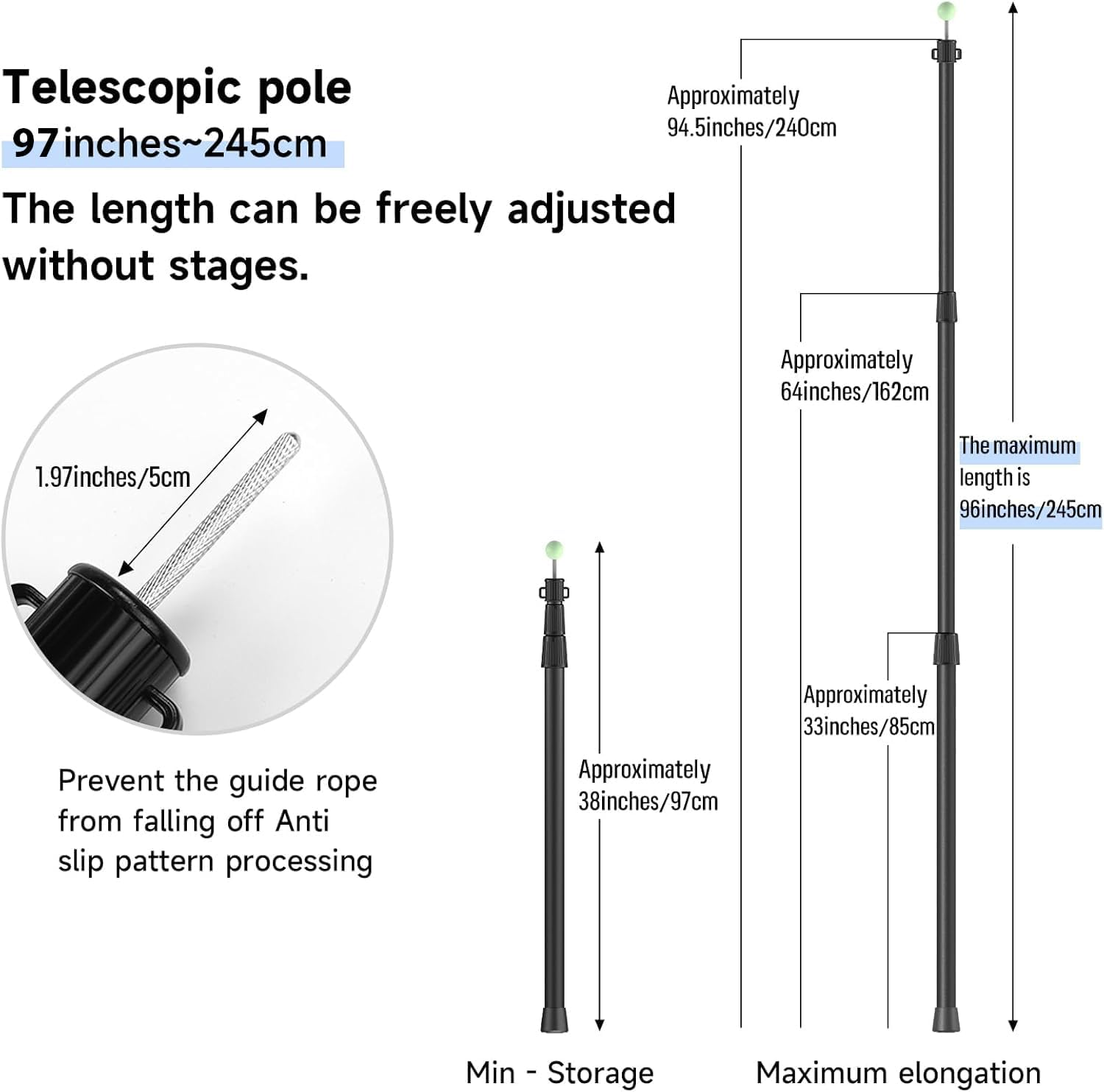 KOMCLUB Telescoping Tarp Poles | Adjustable Tent Poles Stepless Height Adjustment 97-245Cm Retractable without Assembly, Outdoor Camping Storage Bag Included - Silver image number 5