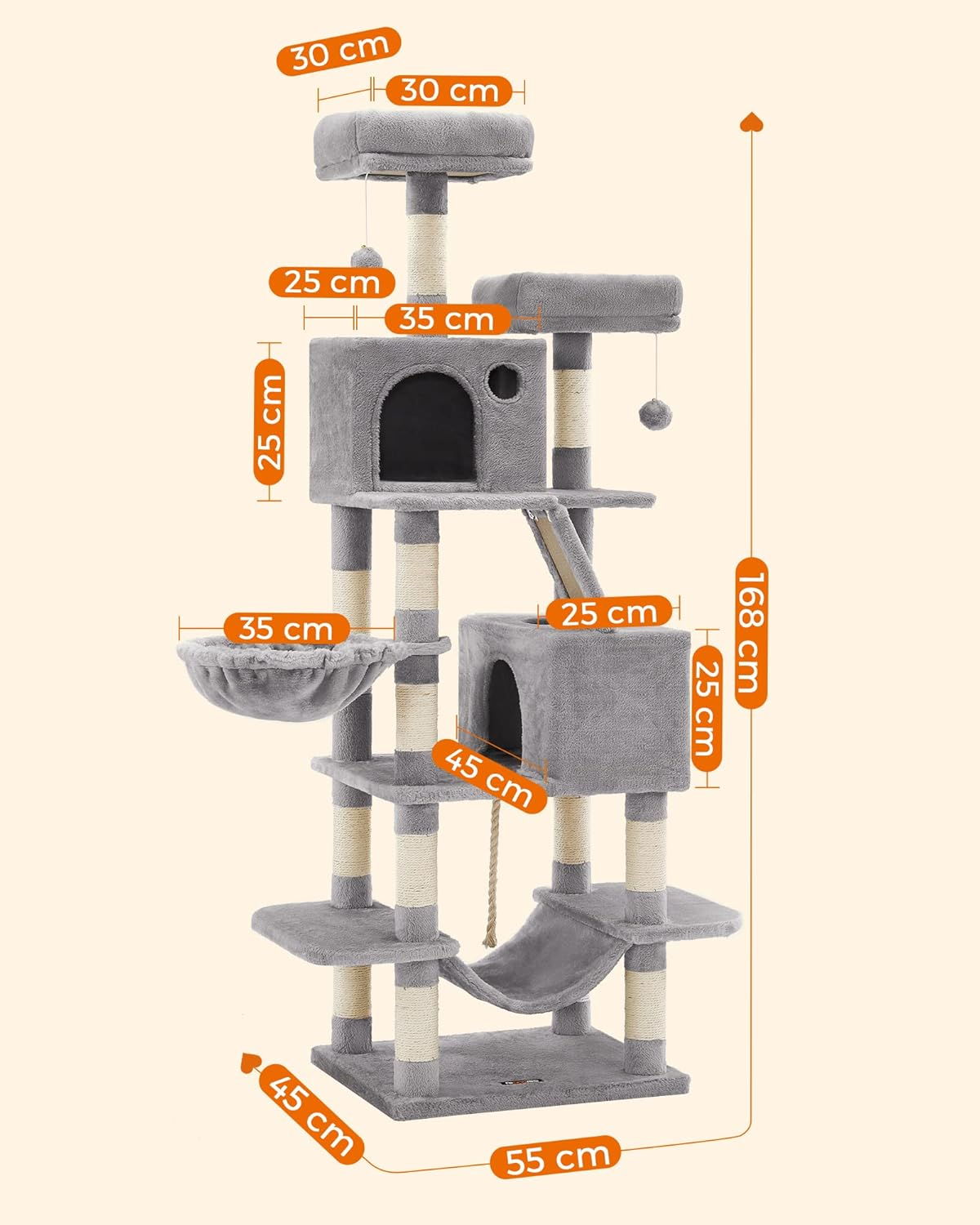 FEANDREA Cat Tree, 168 Cm Large Cat Tower with 13 Scratching Posts, 1 Scratching Ramp, 2 Perches, 2 Caves, Basket, Hammock, Pompoms, Multi-Level Plush Cat Condo for Indoor Cats, Light Grey