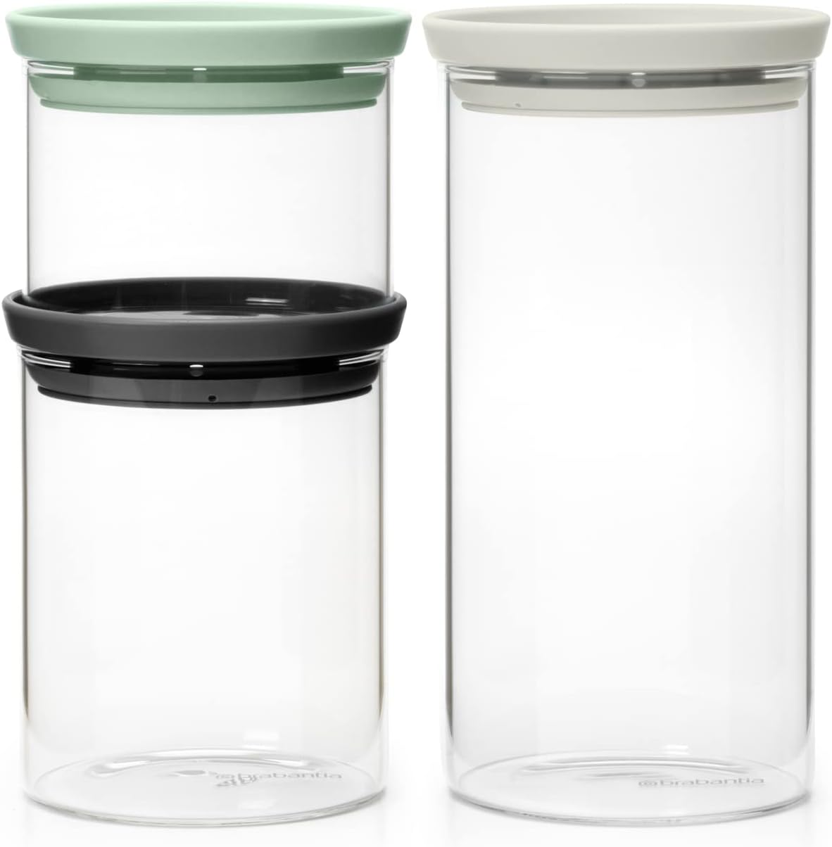 Brabantia 4Pc Stackable Glass Food Jars (Dark Gray) 2X 0.07 & 2X 0.13 Gal Heat-Safe, Dishwasher-Safe, Air-Tight Pantry Organizers
