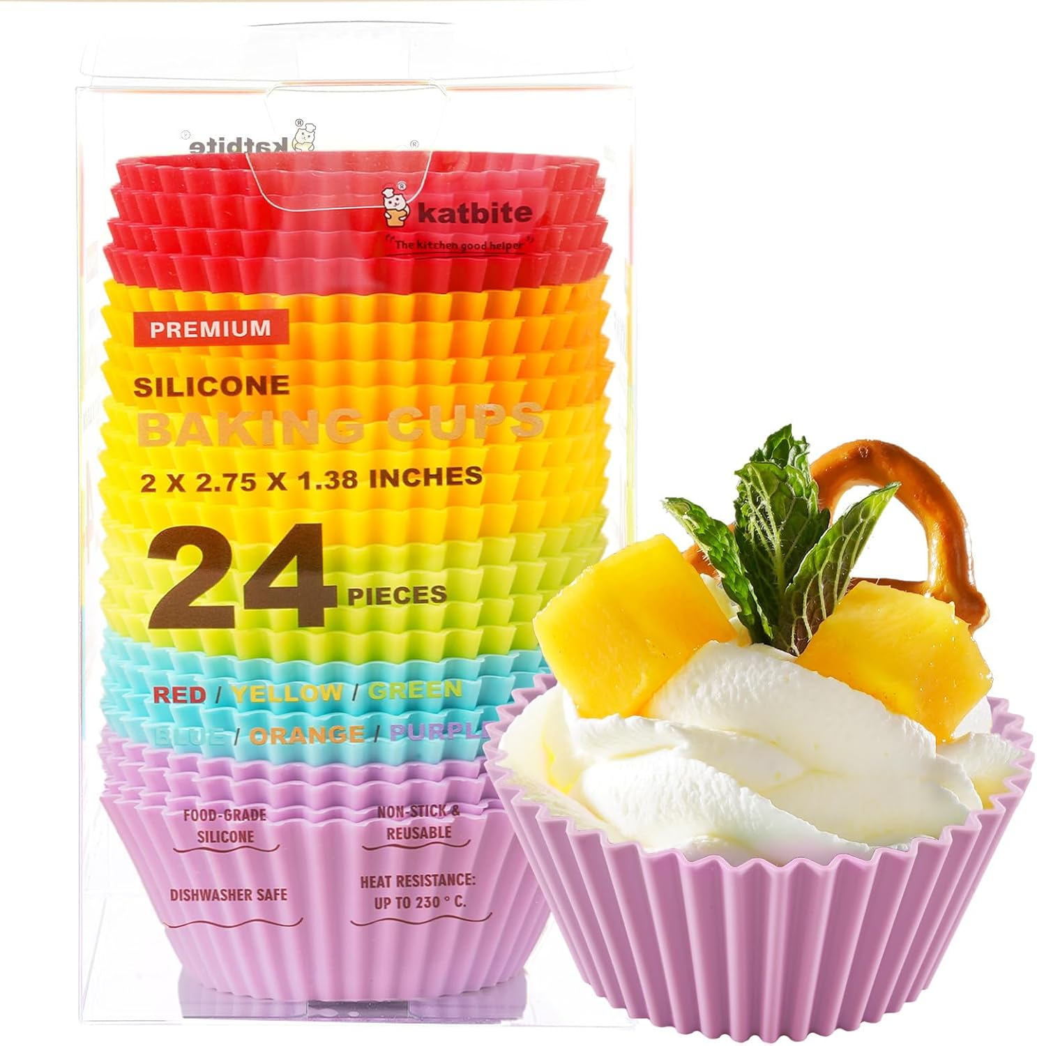 Katbite Reusable Silicone Baking Cups 24 Pack - Non-Stick Muffin Cupcake Liners Set, Thick & Heavy Duty Cupcake Molds - Perfect for Party Halloween Christmas Bakery Supplies, Multicolor image number 3
