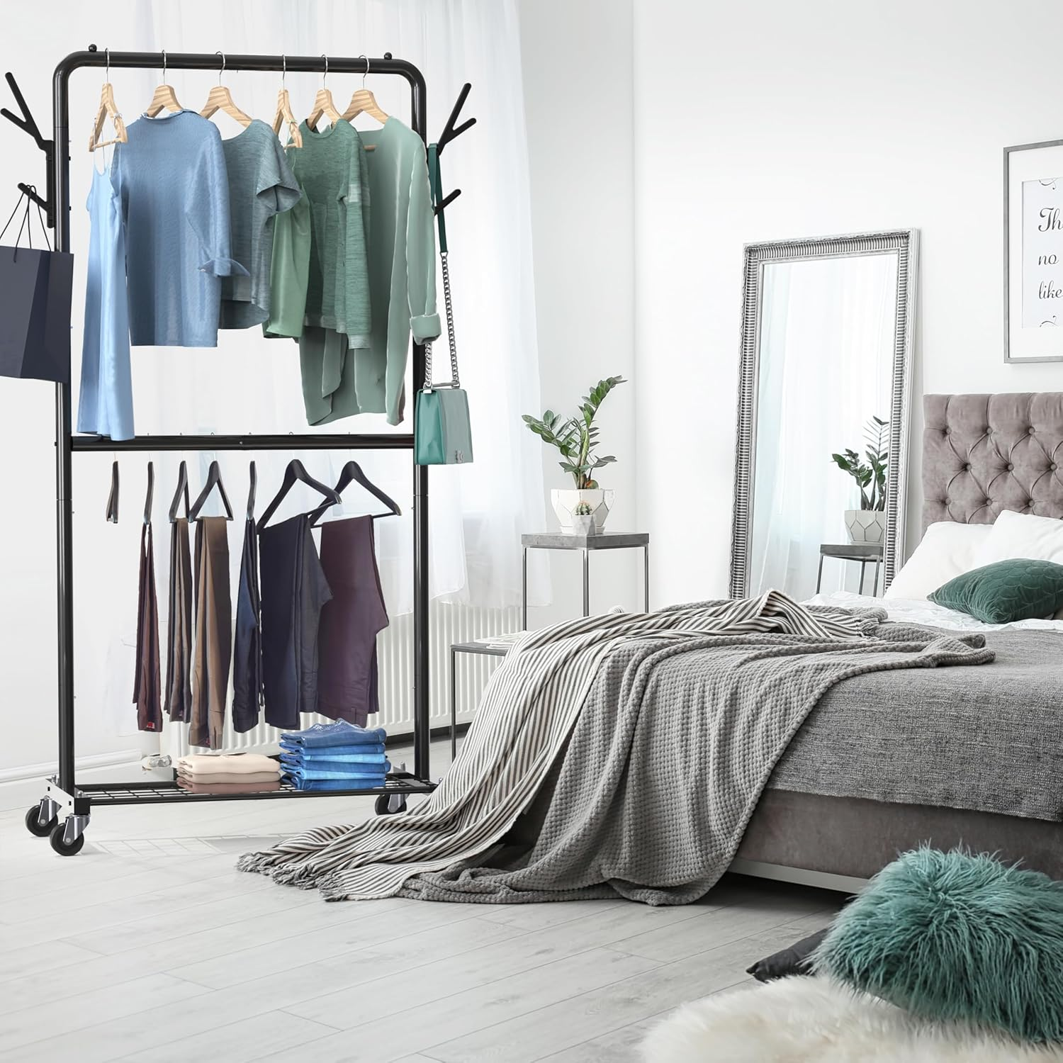 Simple Houseware 100-Cm Double Rod Clothes Rack with Wheels, Hooks and Wired Shelf, Black image number 3