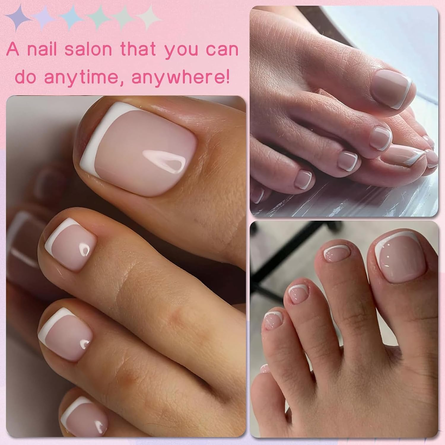 Press-On Toenails for Women-Short Square Glossy French Fake Toenails Pure Acrylic Full Cover Summer Nude Pink 24 Pcs in 12 Sizes with Gel Reusable Glue-On Toenails