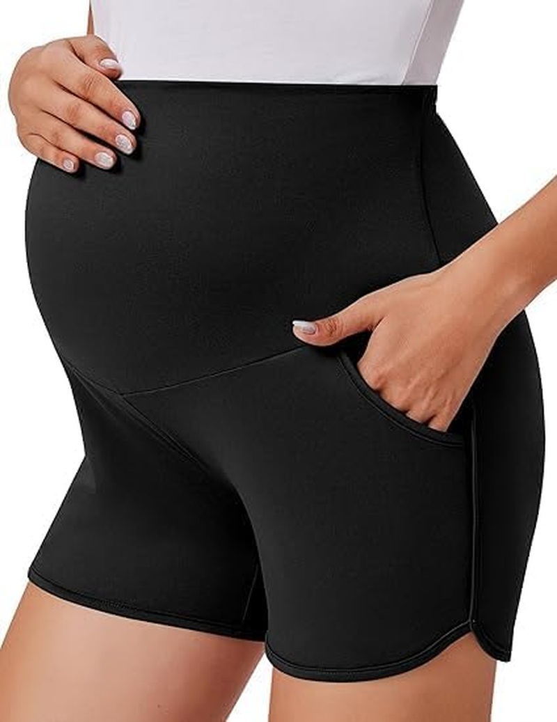 Maternity Shorts over the Belly - Pregnancy Lounge & Workout Shorts with Pockets, Breathable Polyester-Spandex Yoga Sleep Shorts for Women, Comfortable Summer Maternity Clothing (Black, Large) image number 4