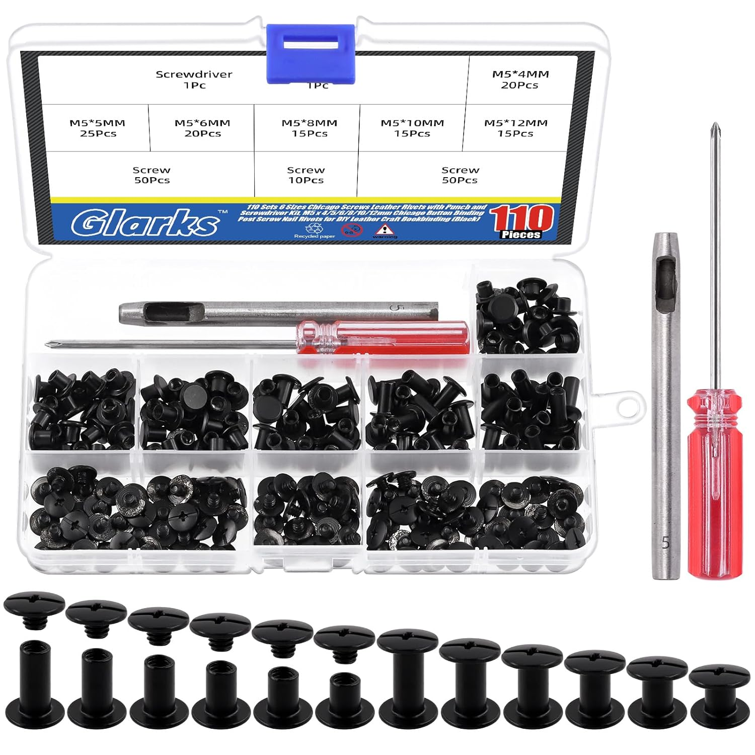 Glarks 110 Sets 6 Sizes Chicago Screws Leather Rivets with Punch and Screwdriver Kit, M5 X 4/5/6/8/10/12Mm Chicago Button Binding Post Screw Nail Rivets for DIY Leather Craft Bookbinding (Black)