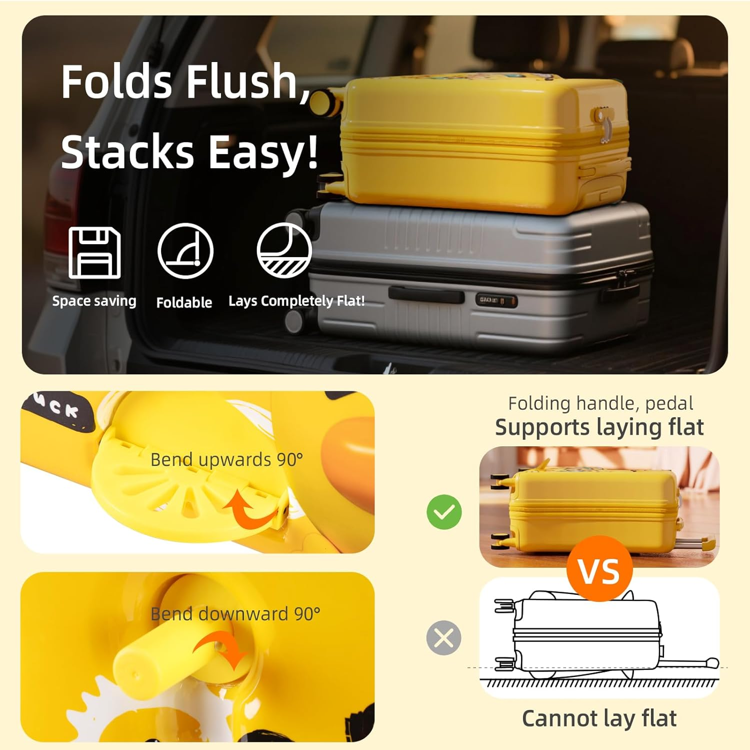 AO WEI LA OW Kids' Lightweight Ride on Luggage with Spinner Wheels & Foldabe Design, Pink, 20"+ Aged 1-3 Toddler, Yellow Good image number 4