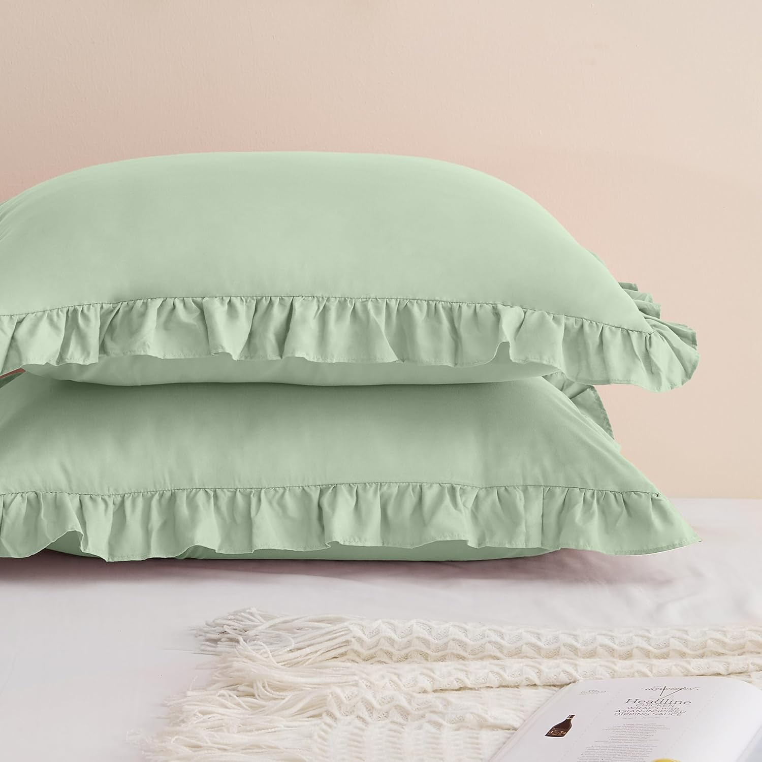 LINENOVA Ruffled Pillow Cases Set of 2 - Standard Size 48X74Cm - Ultra Soft Microfiber 2000TC Pillowcase - Pillow Cover with Envelope Closure - Sage Green
