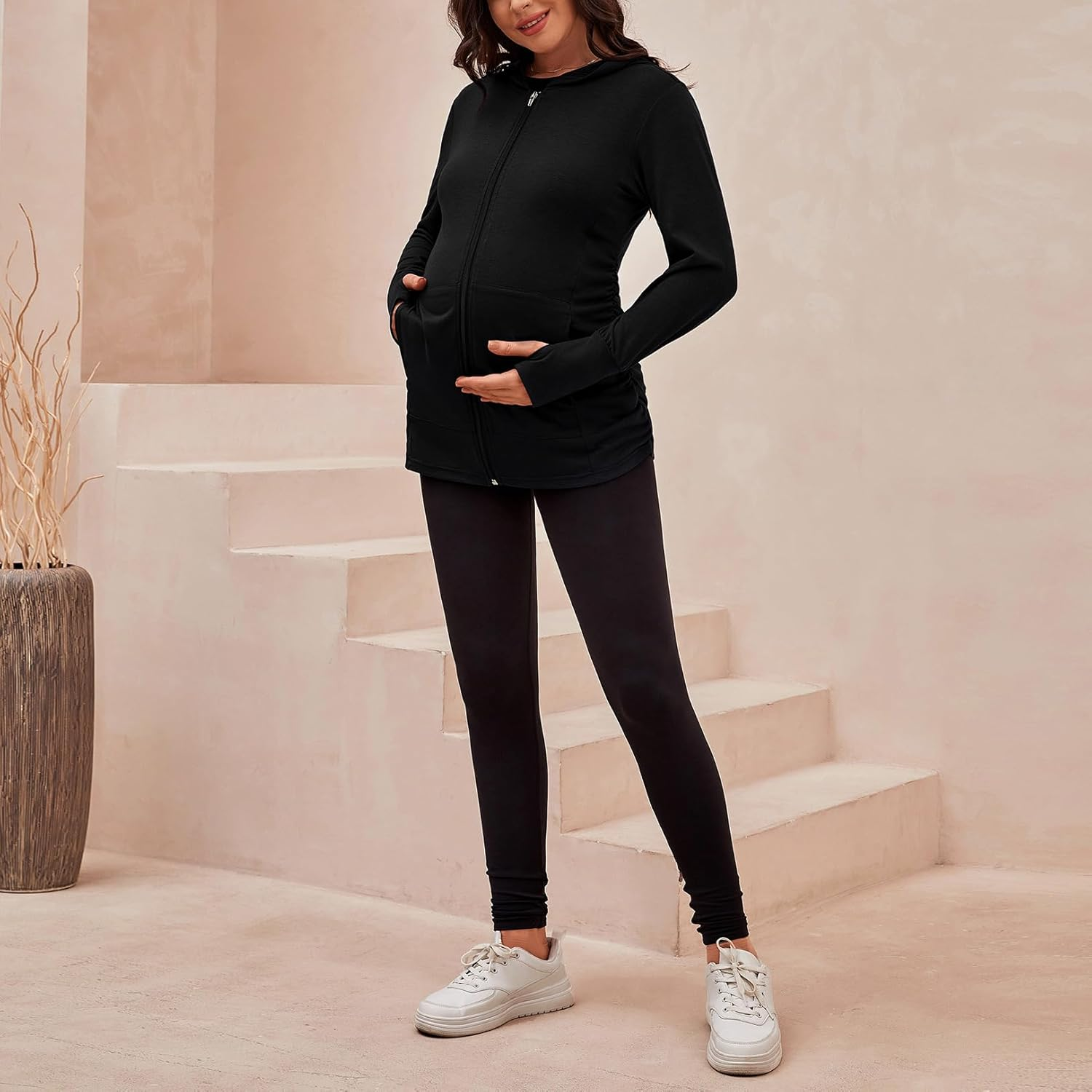 DEBELLY Maternity Sweatshirts Long Sleeve Full Zip Hoodie Casual Pregnancy Women Jacket Top with Pockets,Thumb Hole,Side Ruch